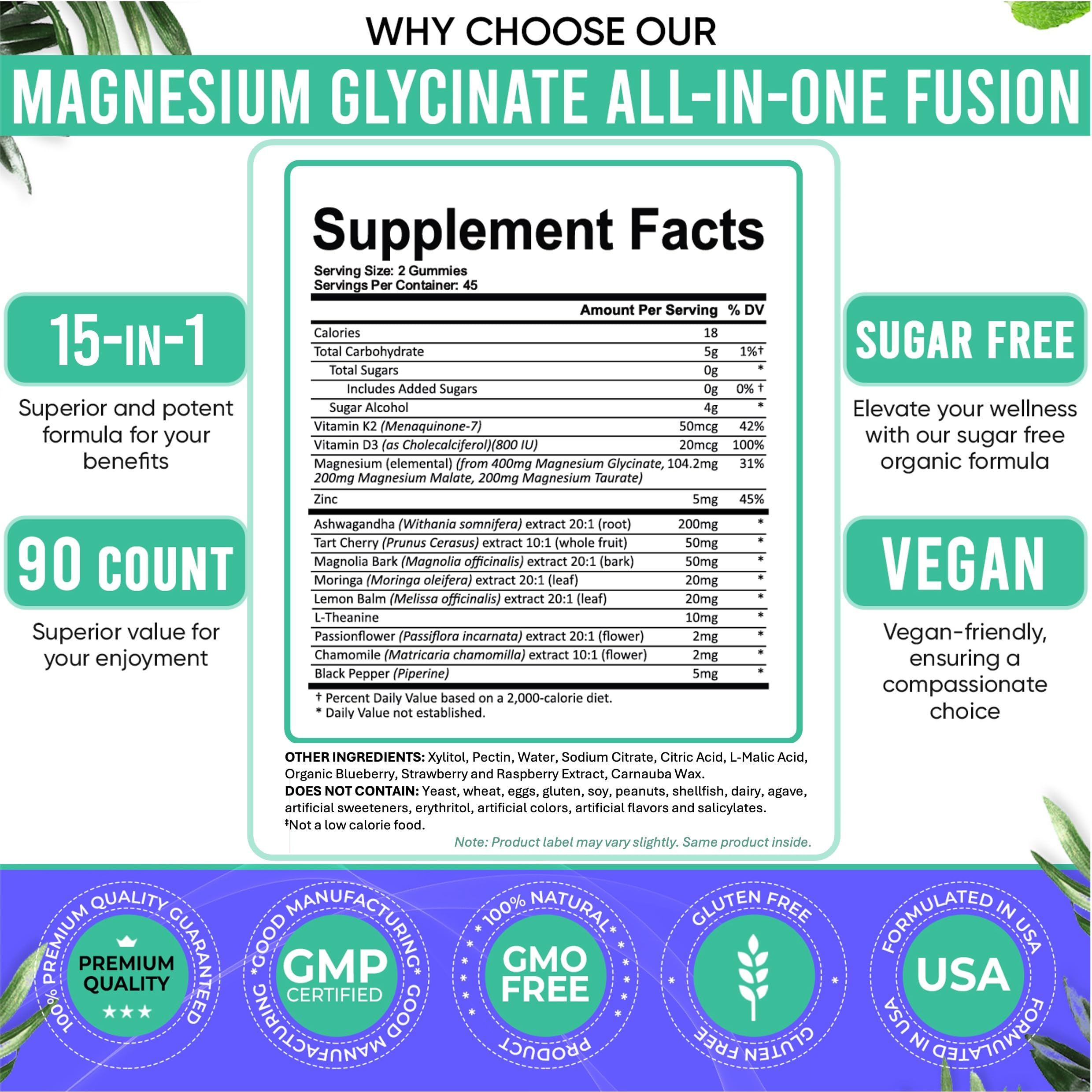 Adndale Magnesium Glycinate 400 mg Gummies with Ashwagandha, Magnesium Malate & Taurate, Tart Cherry, Magnolia Bark, Lemon Balm, Passionflower, Chamomile, L-Theanine, Zinc, Vitamin K2 & D3. 90CT — Amazon image 5