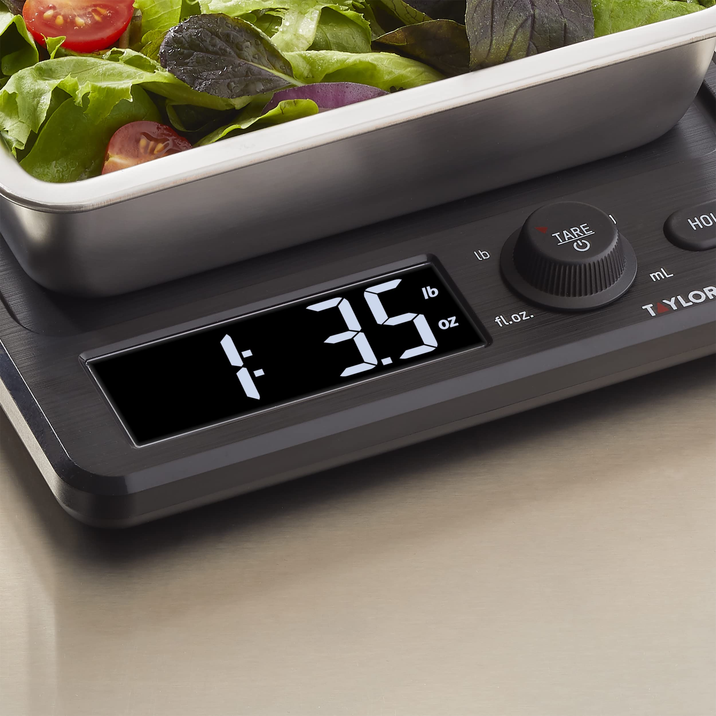 Taylor Precision Products Digital Kitchen Scale with Dishwasher Safe Stainless Steel Container and Snap On, 22 pound capacity, Black