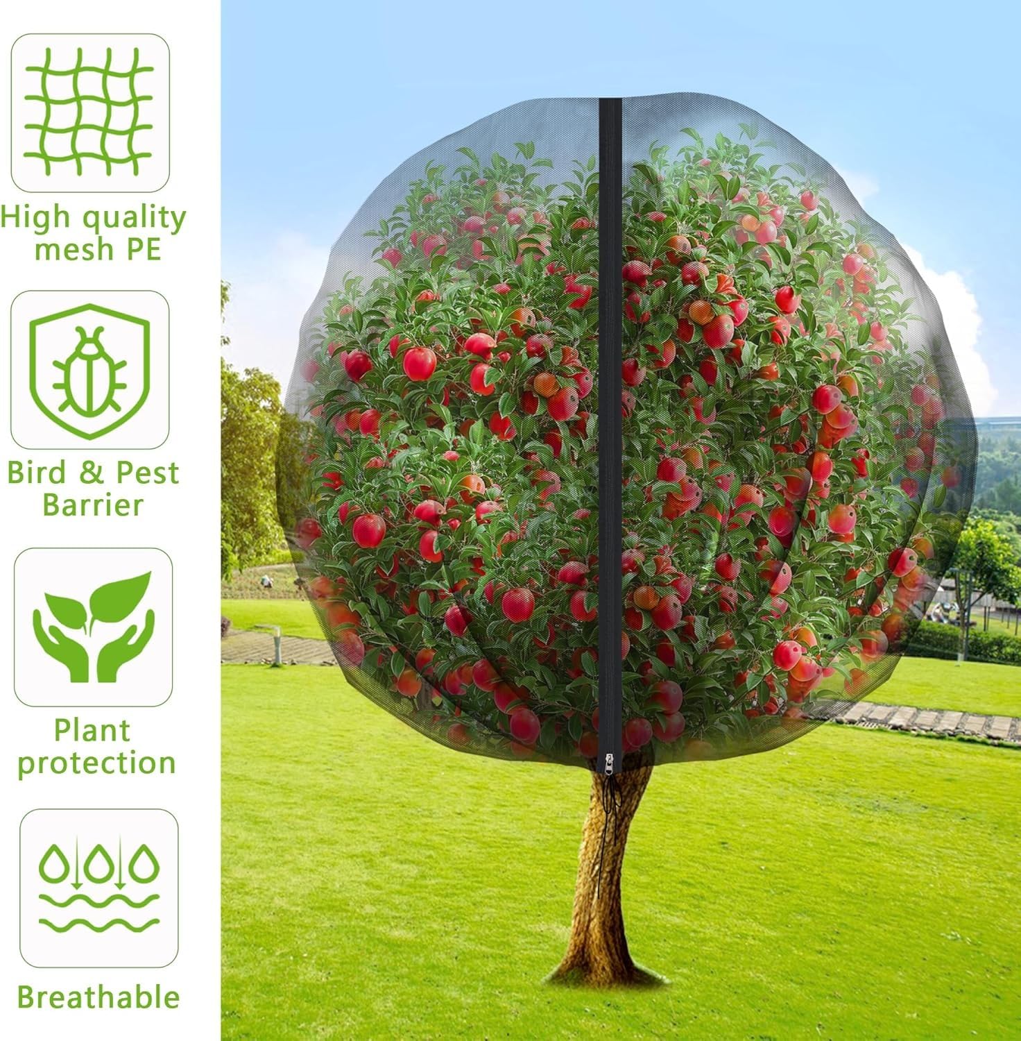 Red de árboles frutales grande con cremallera y cordón, malla transpirable, red de protección contra insectos para jardín, cubierta de plantas, protección para pájaros para proteger las frutas y
