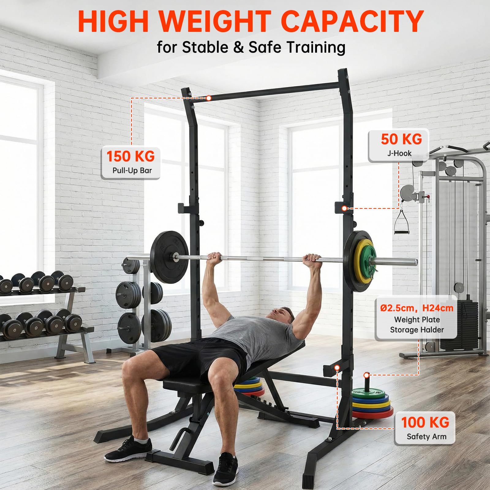 Power Cage Squat Rack Belastbar, Kraftturm Multifunktionales Power Rack für Home Gym Dip Stange, Verstellbarem J-Haken & Sicherheitsstangen für Klimmzüge mit Langhantel