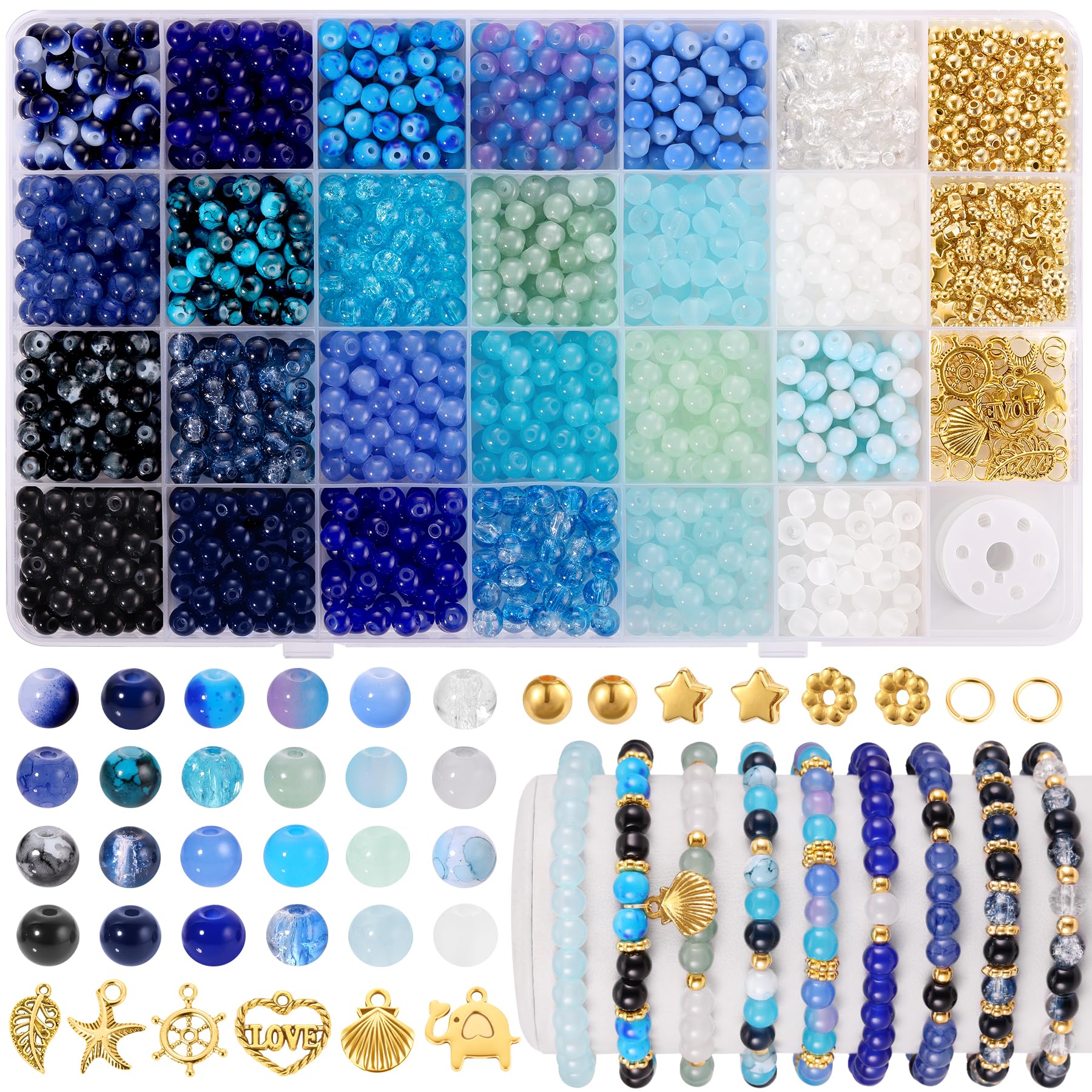 Funtopia 1377pcs Blue Glass Beads for Bracelets, 24 Colors 6mm Beads for Jewelry Making, Round Crystal Blue Ocean Sea Beads for Bracelet Earring Necklace DIY Crafts with Spacer Beads and Charms