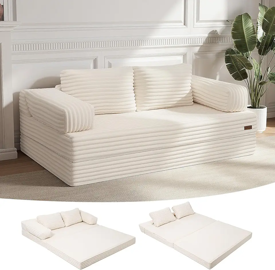 MeMoreCool Sofá-cama conversível, sofá-cama queen dobrável, sofá-cama com travesseiros, sofá futon dobrável para quarto, sala de estar, espaço pequeno, veludo cotelê bege