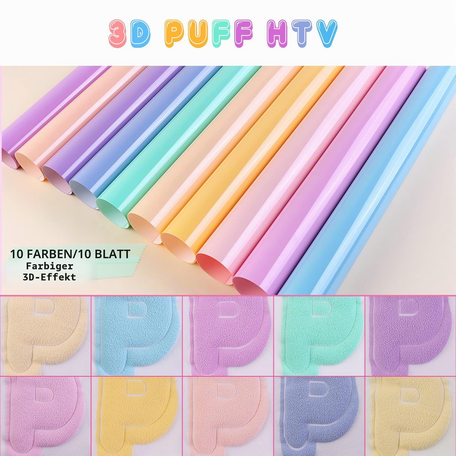 Tintnut 3D-Puff-Vinyl-Wärmeübertragung, 10 Blatt, 30,5 x 25,4 cm, pastellfarben, geschwollenes HTV-Vinyl zum Aufbügeln, für T-Shirts, DIY, kompatibel mit Cricut oder Silhouette Cameo