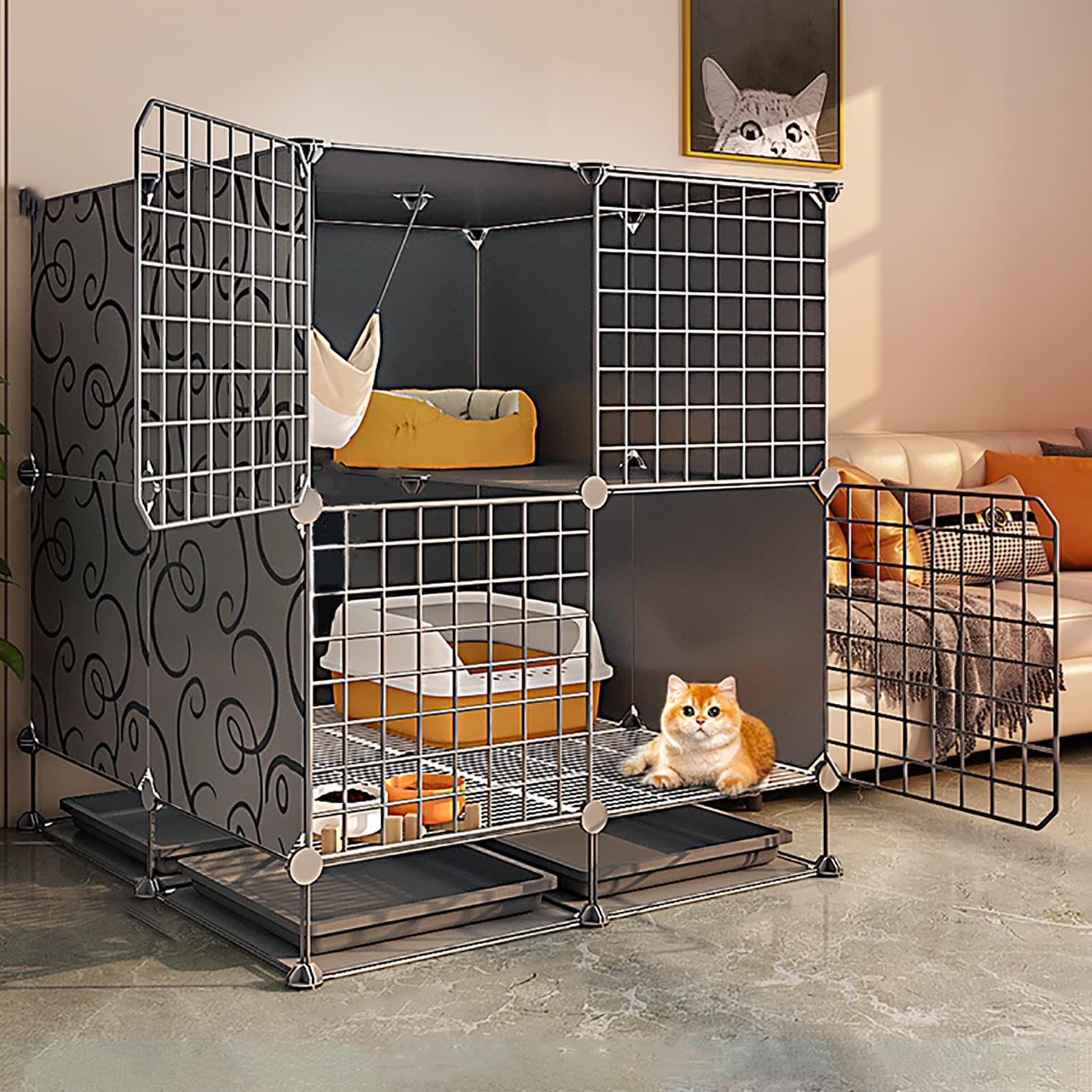 Klatka dla kota DIY do użytku w pomieszczeniach, duży domek dla zwierząt, zdejmowany kociak, szczenięta, królik, ćwiczenia, kryty domek dla kota z toaletą (rozmiar: 75 x 49 x 10