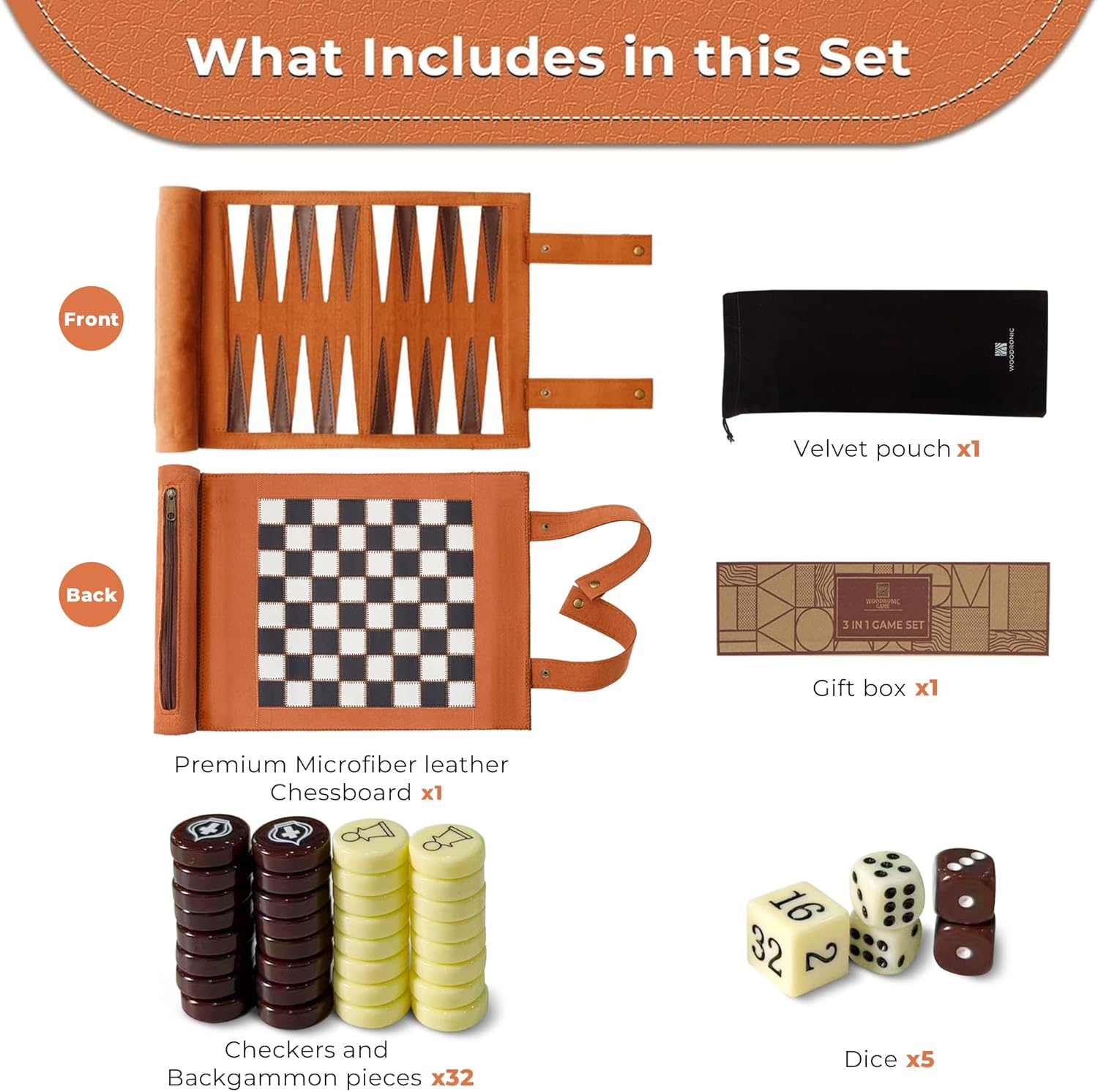 Woodronic Travel Backgammon Set 3 in 1 Chess & Checkers Board Game for Teens Adults Roll Up Leather Portable Games with 32 Premium Pearl Pieces 5 Dice 11x8.5 Inch Family Travel Gift
