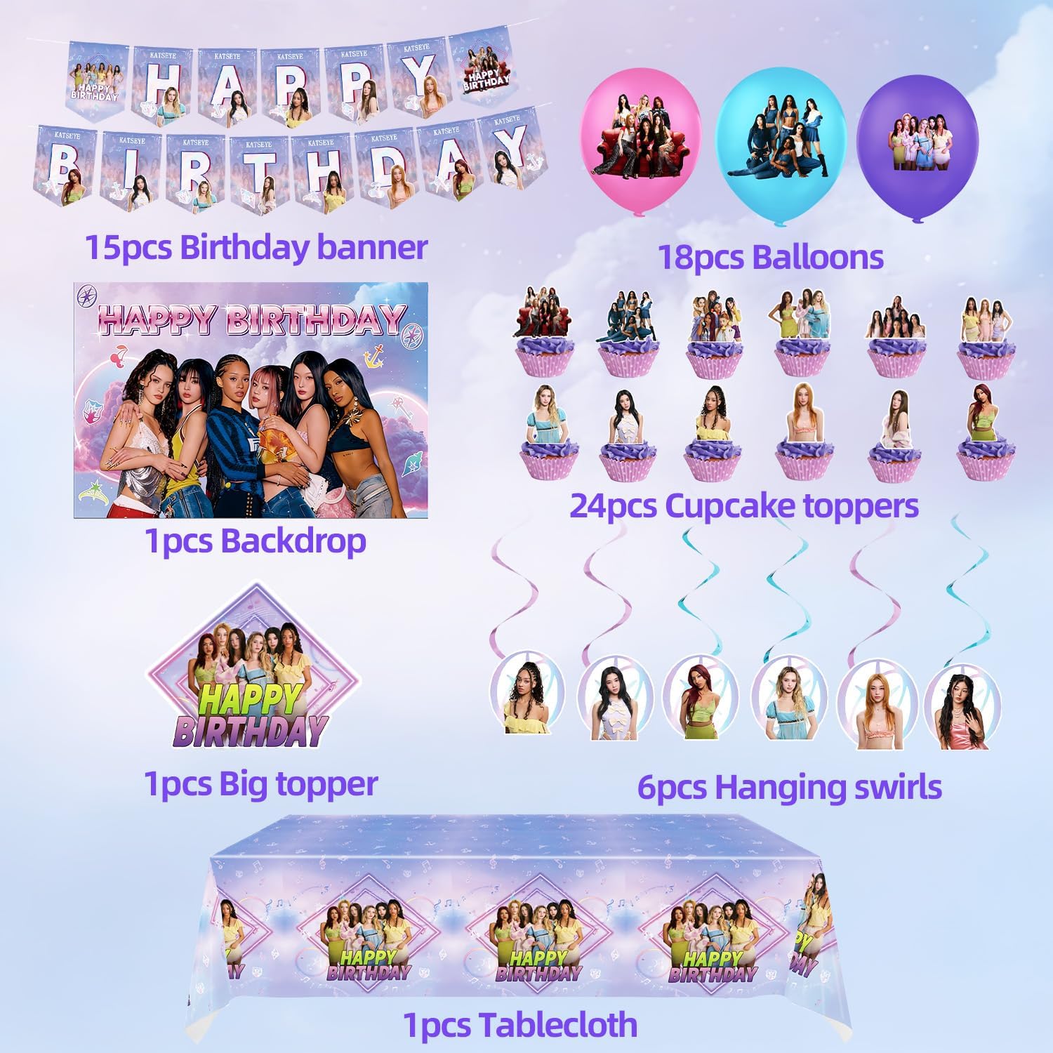 KATSEYE Birthday Decorations, Party Supplies Set Include Banner, Backdrop, Balloons, Hanging Swirls, Cake Cupcake Toppers, Tablecloth for Girls Fans KATSEYE Theme Party