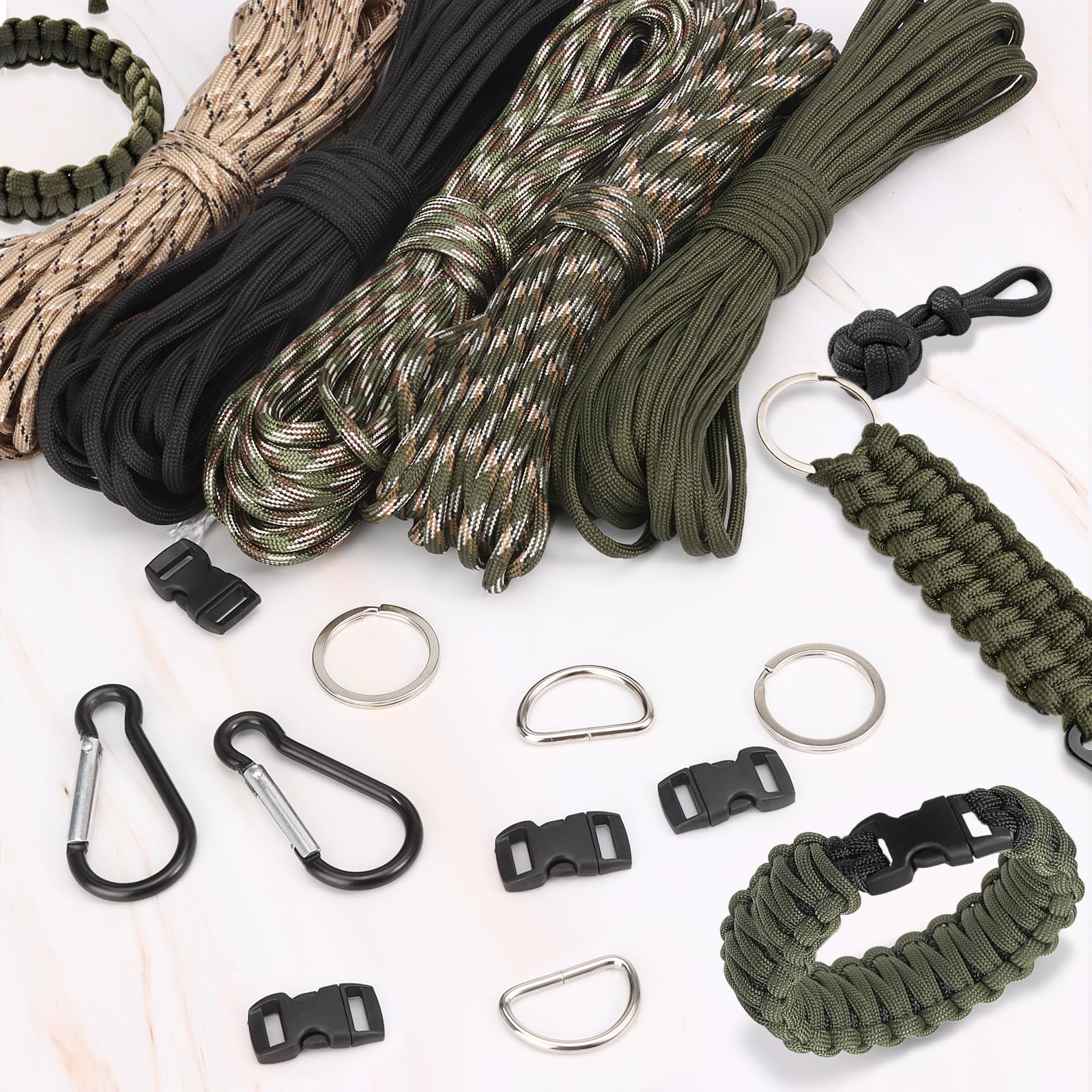 Paracord Pulsera Kit 15 Piezas 5 Rollos 33ft 10m 4mm Cuerda Nylon Hebillas Mosquetones Llaveros Manualidades Acampar