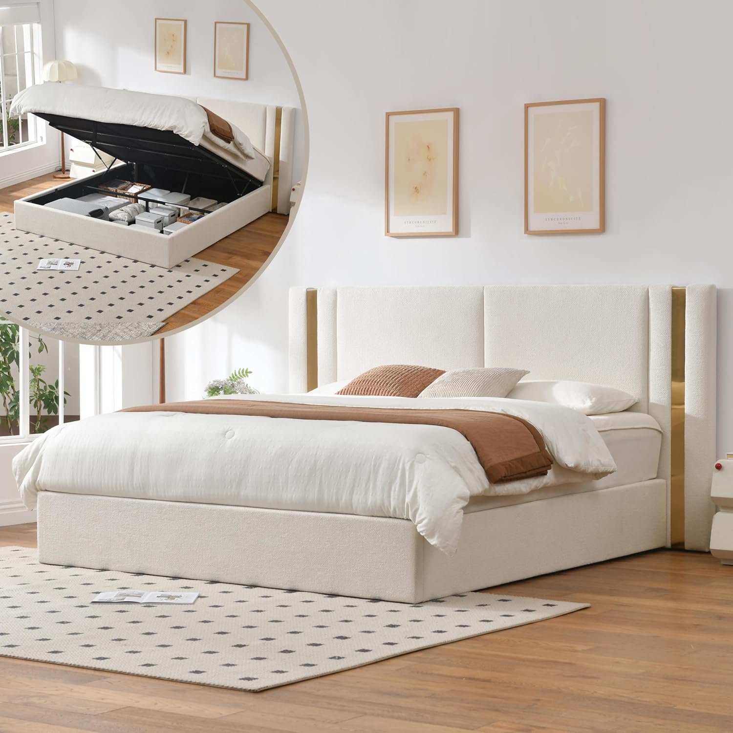 King Size Lift Up Storage Bed, Upholstered Platform Bed Frame with Linen Fabric, Solid-Platform Bed with Wide Headboard, Hydraulic Storage, No Box Spring Needed, Eay Assembly, White