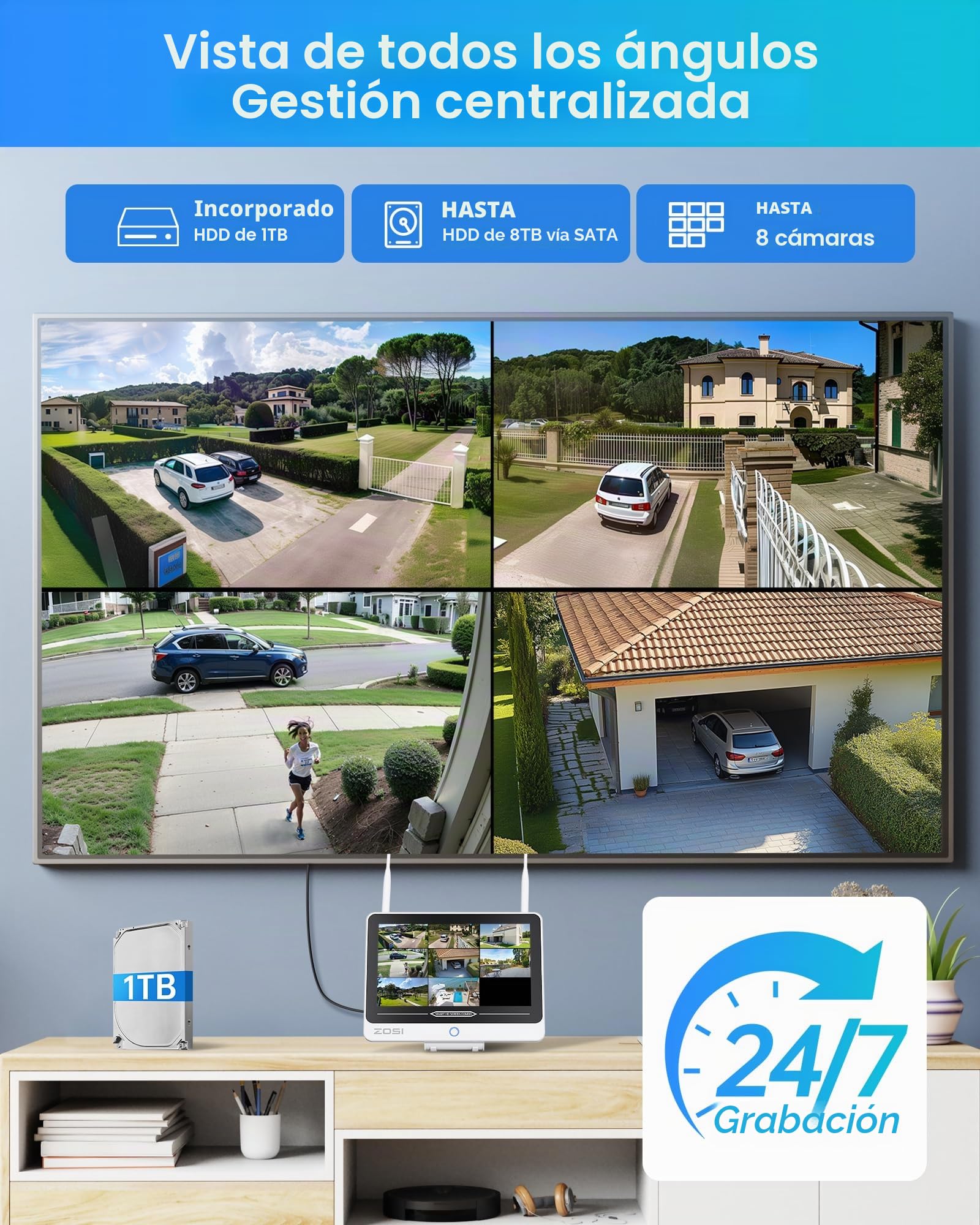 ZOSI 5MP Kit Cámaras de Vigilancia WiFi6 con 12” Monitor, 8CH 4K NVR y 1TB HDD con 4X Cámara IP Exterior Pan y Tilt de 360°, Detección y Seguimiento de Personas, Audio Bidireccional