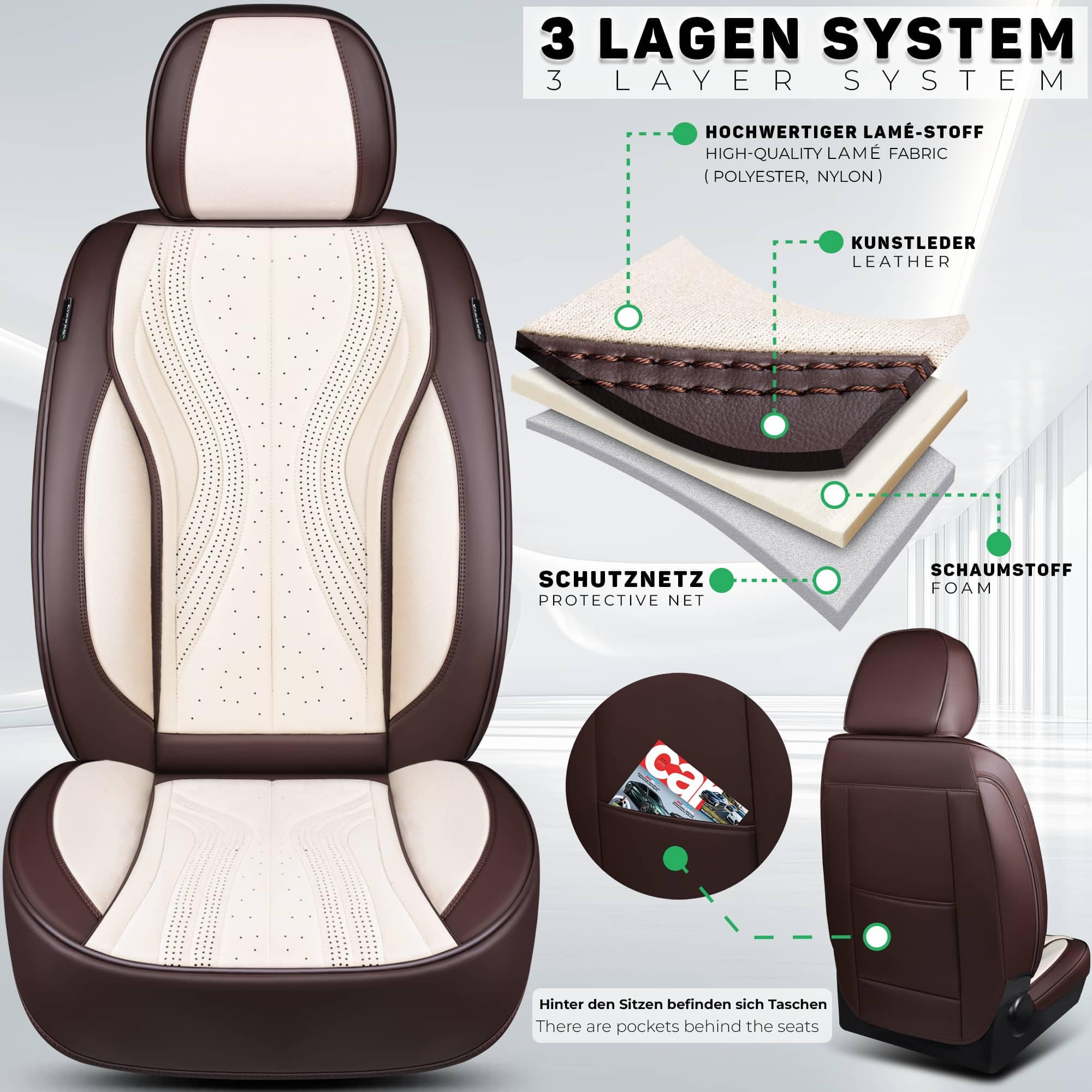 Autositzbezüge Universal für PKW, SUV – Premium Vordersitzbezüge Braun/Beige, hochwertig verarbeitet für mehr Sitzkomfort, Airbag-kompatibel, Schonbezüge für Fahrer & Beifahrersitz mit Rückentasche