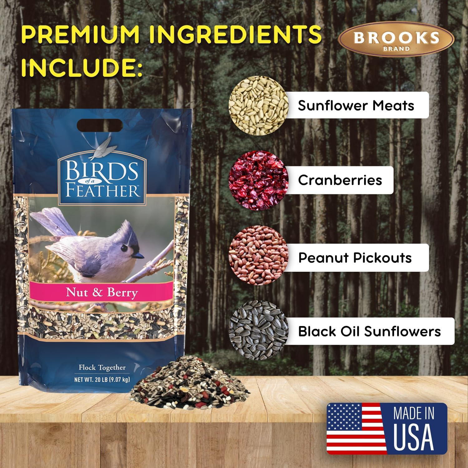 Birds of a Feather Nut and Berry, Fruit and Nut Bird Seed, Bird Seeds for Outside Feeders, Wild Bird-Seed Mix, Nuts and Fruit Blend Birds Seeds, Made in USA (20 Pound (Pack of 1))