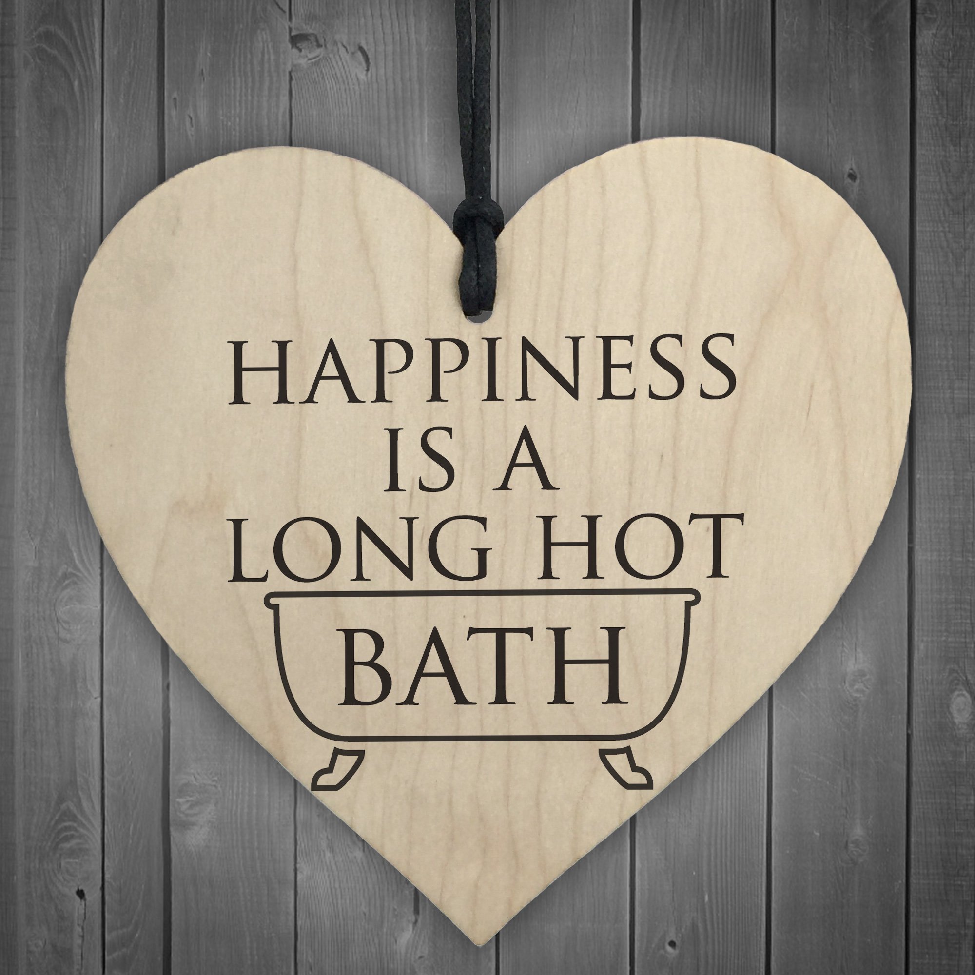 Red Ocean Happiness Is A Long Hot Bath Wooden Hanging Heart Shaped Bathroom Plaque Sign