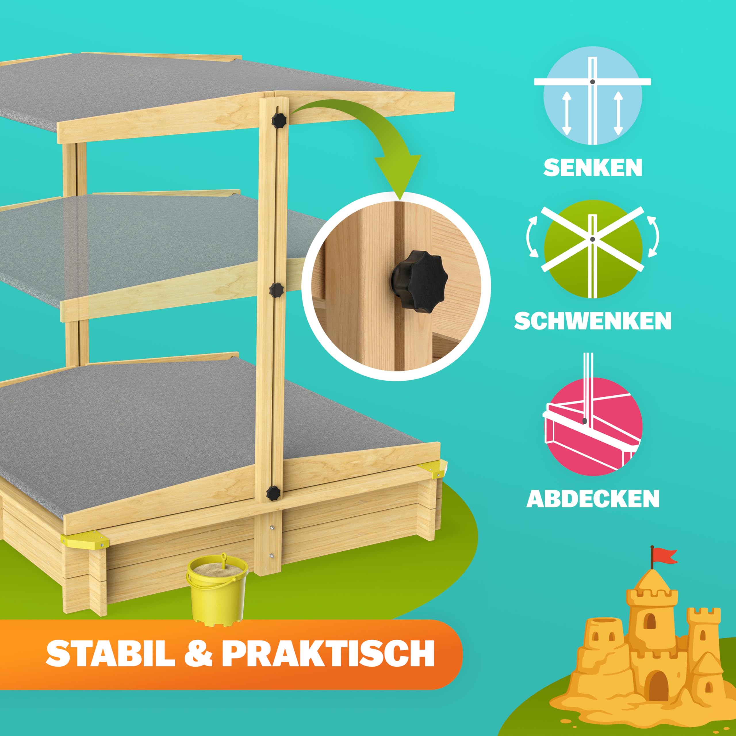 Spielwerk® Sandkasten Samu Sonnendach 120x120cm naturbelassenes Holz Füllstand Skala UV 50 Kantenschutz Bodenvlies Sandspielzeug Kinder Sandbox Sandkiste