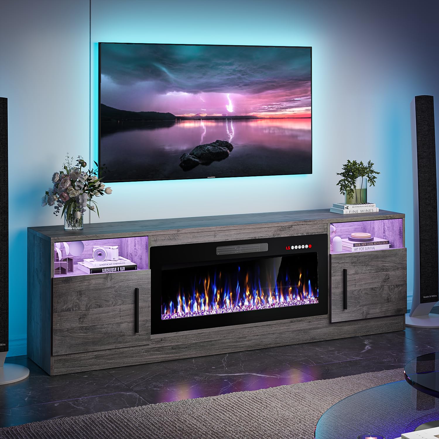 VITESSE TV Stand with 36" inch Electric Fireplace Up to 80" TVs, LED Light Entertainment Center, 70" Modern Wood High Gloss Fireplace with Highlight Storage Cabinet for Living Room (Grey)