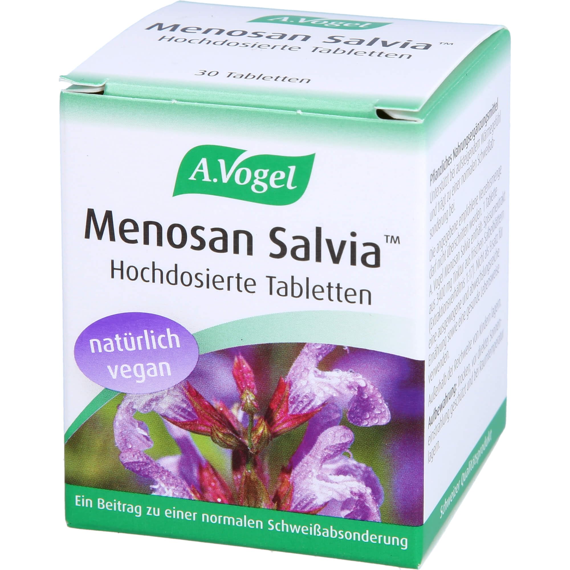 A.Vogel Menosan Salvia 30 Tabletten, pflanzliches Nahrungsergänzungsmittel, Salbei unterstützt in den Wechseljahren, Vegan, mit Spissumextrakt aus frischen Salbeiblättern