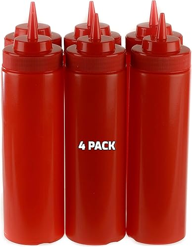 Paquete de 4 botellas de plástico rojo de 24 onzas para condimentos, salsas, aderezos, artes y manualidades, salsa de tomate, mostaza, aceite,