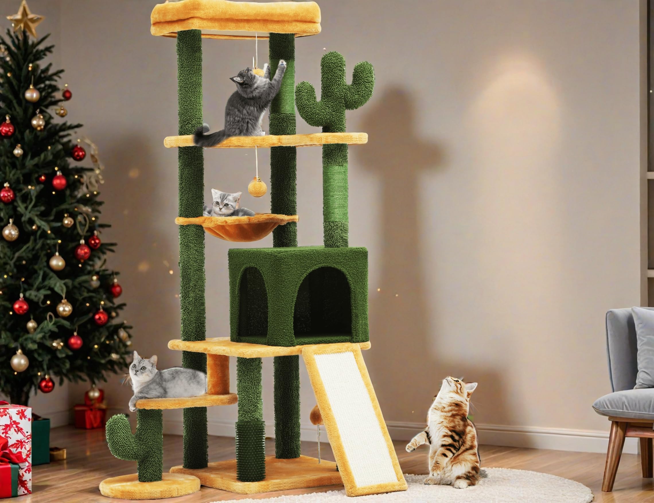 YITAHOME Tall Cactus Cat Tree Tower with Self-Grooming Brush, 60in Cute Cat Climbing Tower for Indoor Cats with Cat Condo, Top Perch, Basktet, Sisal