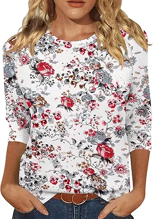 KISSMODA Tunic Tops for Women Loose Fit Dressy Round Neck Pleated 3/4 Length Sleeve Spring Tops