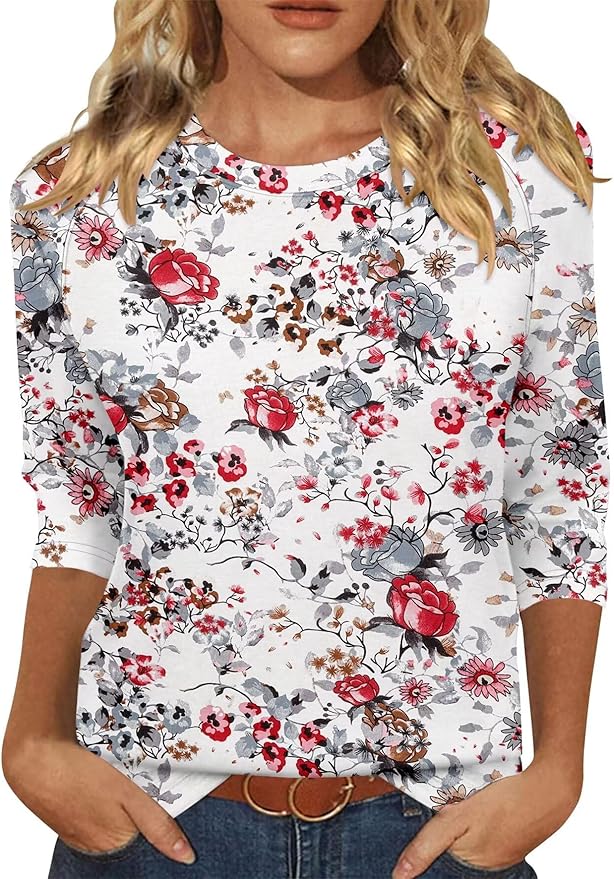 KISSMODA Tunic Tops for Women Loose Fit Dressy Round Neck Pleated 3/4 Length Sleeve Spring Tops