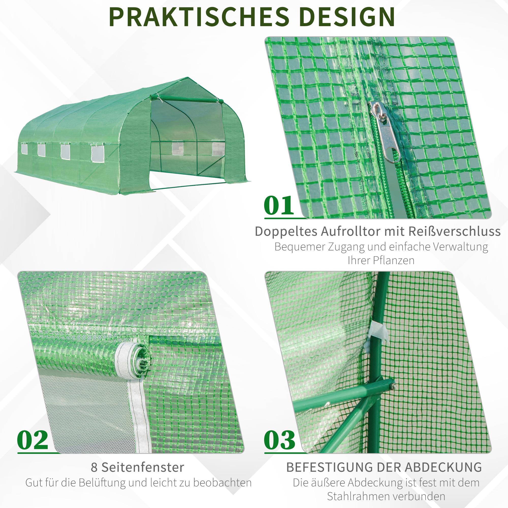 Outsunny Gewächshaus mit Rollbar Reißverschlusstür Foliengewächshaus 6x3x2m | Folientunnel mit 8 Netzfenster Stützstangen UV-beständig Winterfest Tomatenhaus, Grün