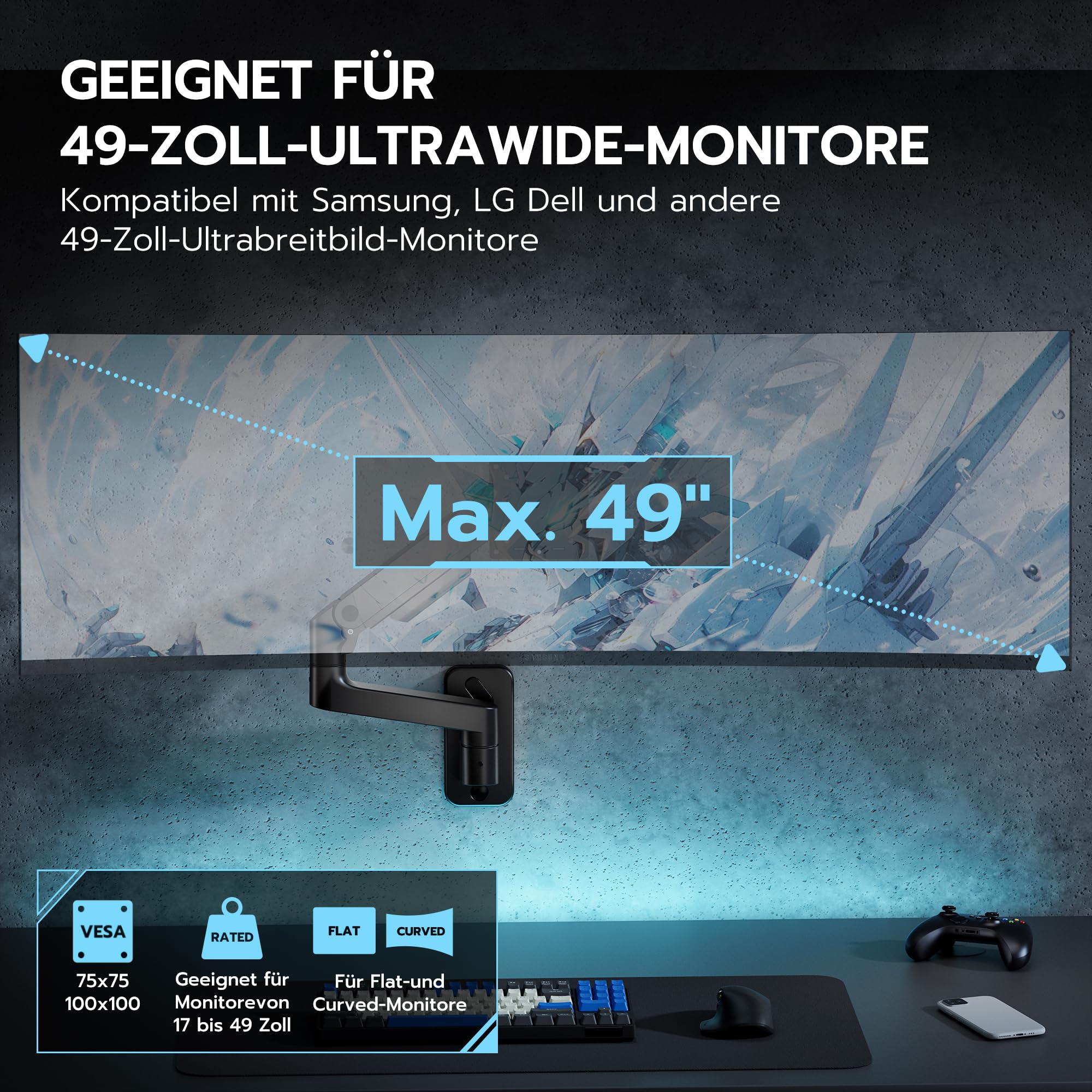 ARES WING Monitor Wandhalterung 1 Monitore für 17-49" Bildschirme, Schwarz | 20kg/Arm, Gasdruckfeder PC Monitor Hatlerung Wand,voll verstellbare Monitor Halterung für Büro&Gaming,VESA 75/100