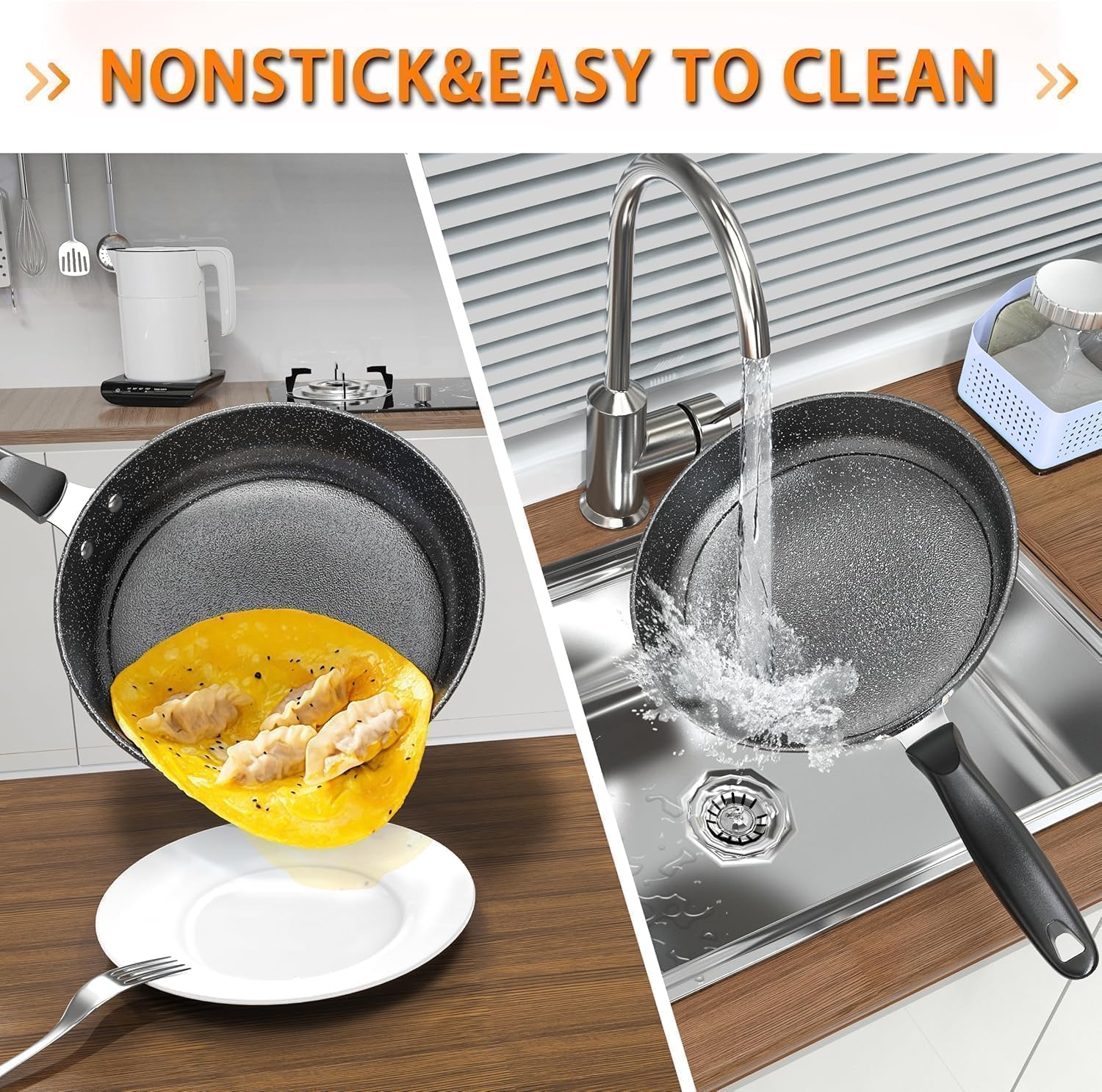 Kiseely Juego de sartenes antiadherentes de hierro fundido de 26 cm, 28 cm y 30 cm (3 piezas) para cocinar. Sartenes profesionales antiadherentes con mango que se mantiene frío (VM4)