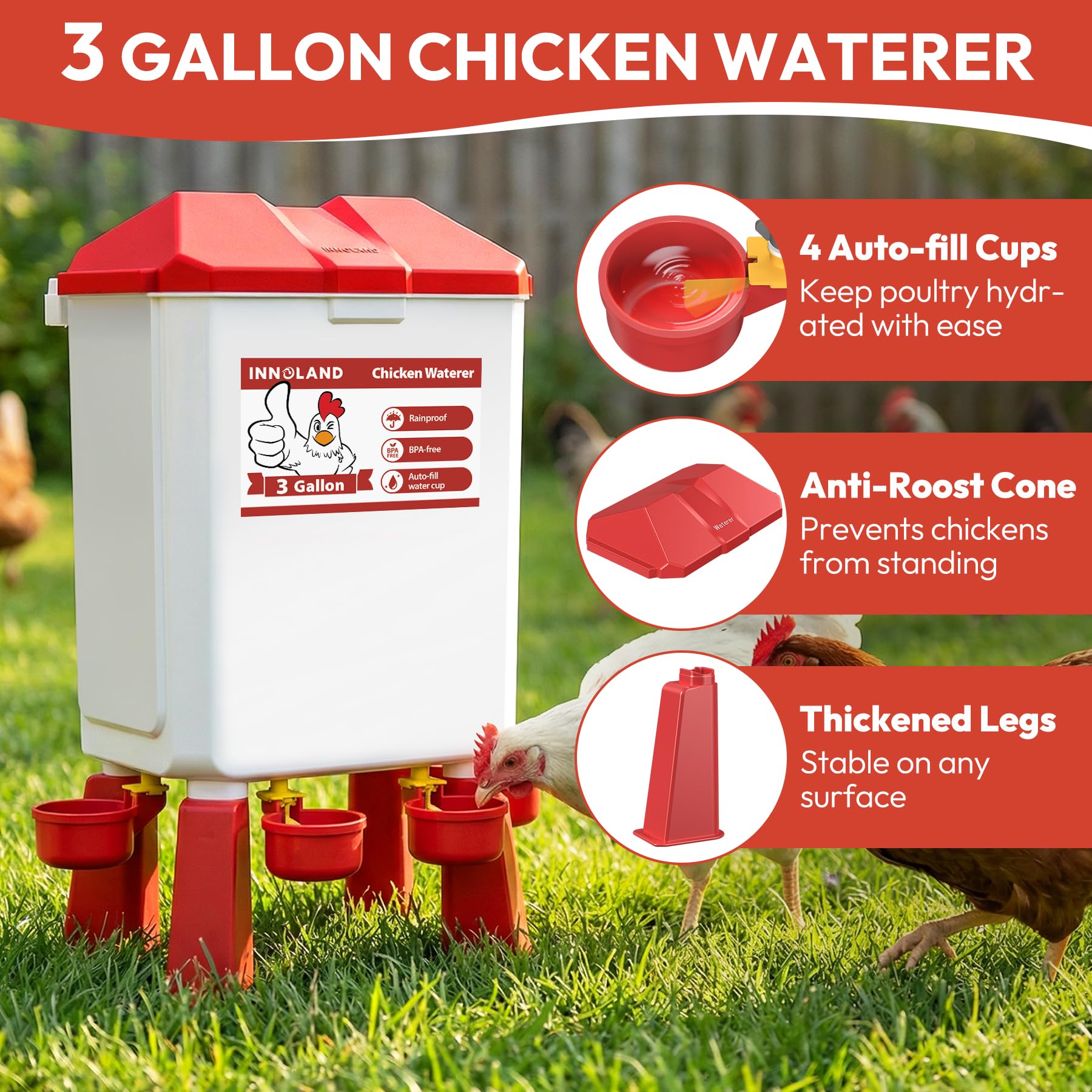 Chicken Feeder and Waterer Set - 3 Gallon/26.5 Pounds, Automatic Chicken Waterer with 4 Cups & 3 Feeder Ports, No Waste Poultry Feeders & Waterers, Chickens Coop Accessories for Hens/Ducks/Poultry - 5