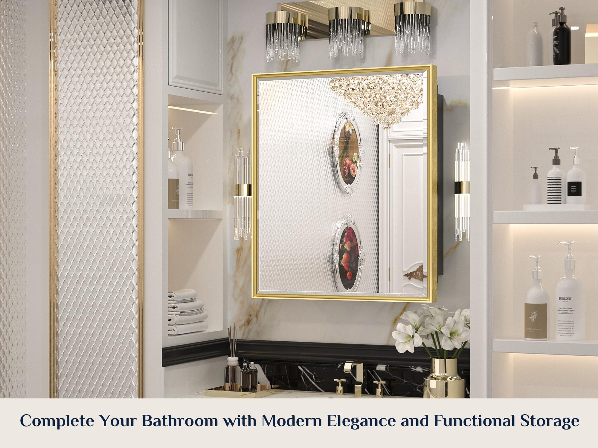 Keonjinn 20� x 26� Gold Medicine Cabinets for Bathroom with Mirror, Recessed or Surface Wall-Mounted Aluminum Alloy Framed Beveled Mirror, Single Door Metal Bathroom Vanity Mirror with Storage Cabinet