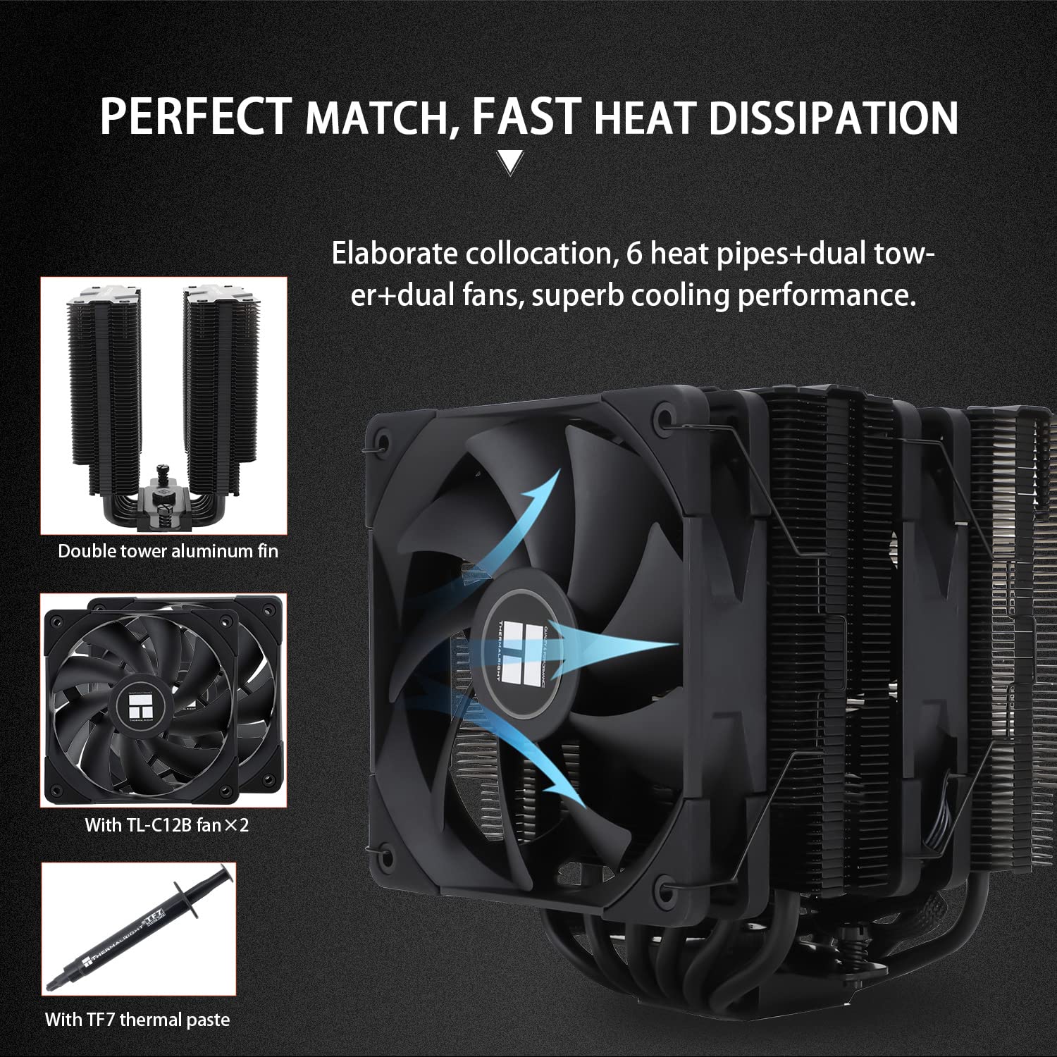 Thermalright Peerless Assassin 120 Nero CPU Air Cooler, 6 tubi di calore, doppia ventola 120 mm TL-C12B PWM, copertura del dissipatore di calore in alluminio, tecnologia AGHP, per AMD AM4 AM5/Intel