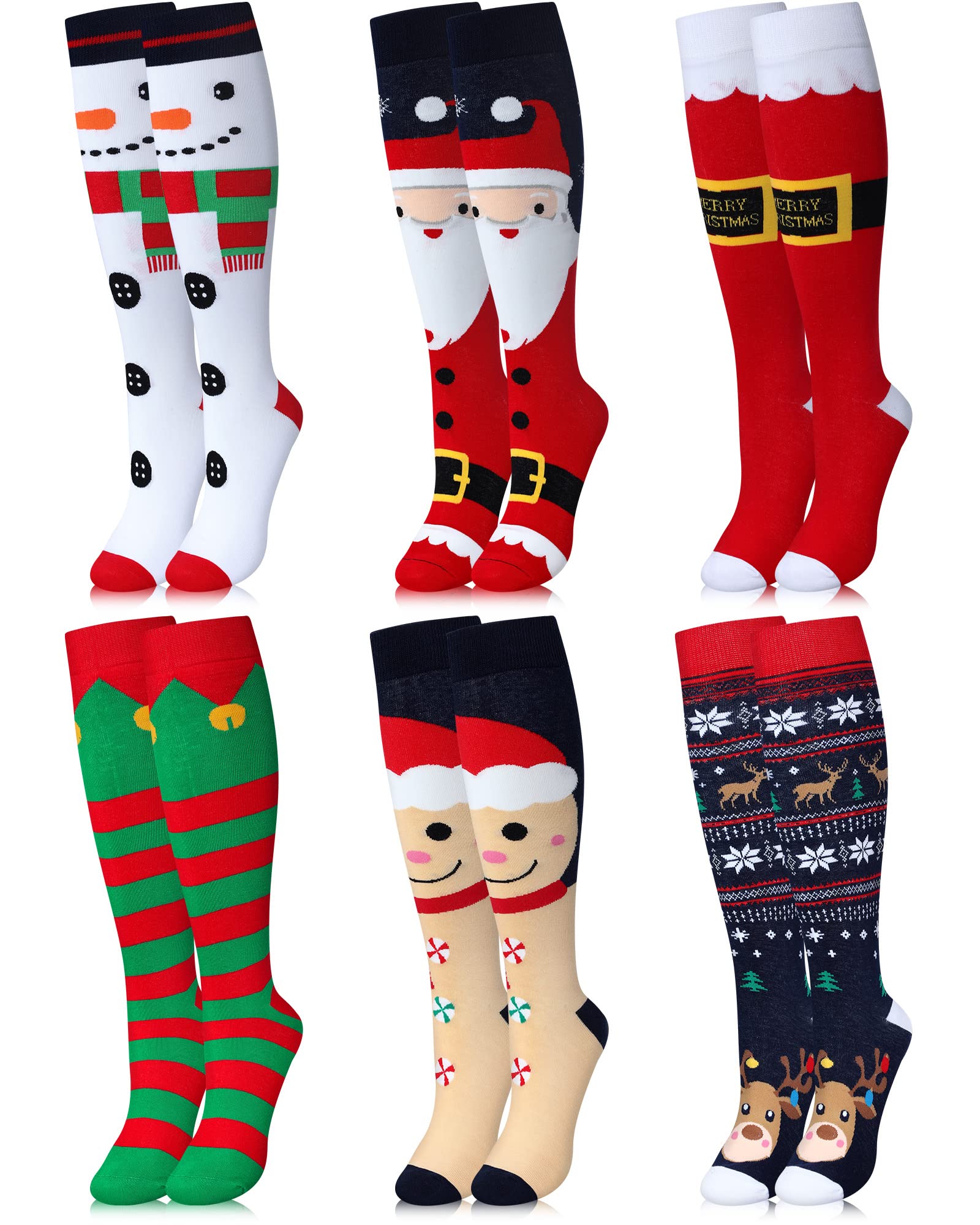 6 paia di calzini natalizi in cotone al ginocchio per le donne calzini natalizi elfi lunghi calzini natalizi a righe per feste di Natale per adulti, Multicolore, taglia unica