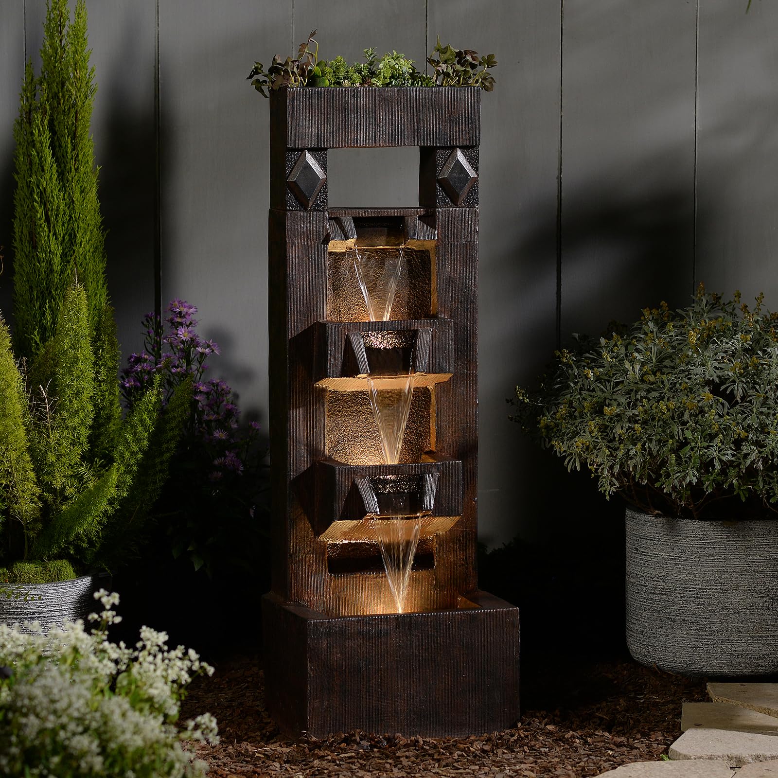 Bumilgar 104 cm Gartenbrunnen, 4-stufiger Wasserbrunnen aus Kunstharz, moderner freistehender Wasserfall mit LED-Lichtern für Terrasse, Garten, Deck, Veranda und Heimdekoration, Braun