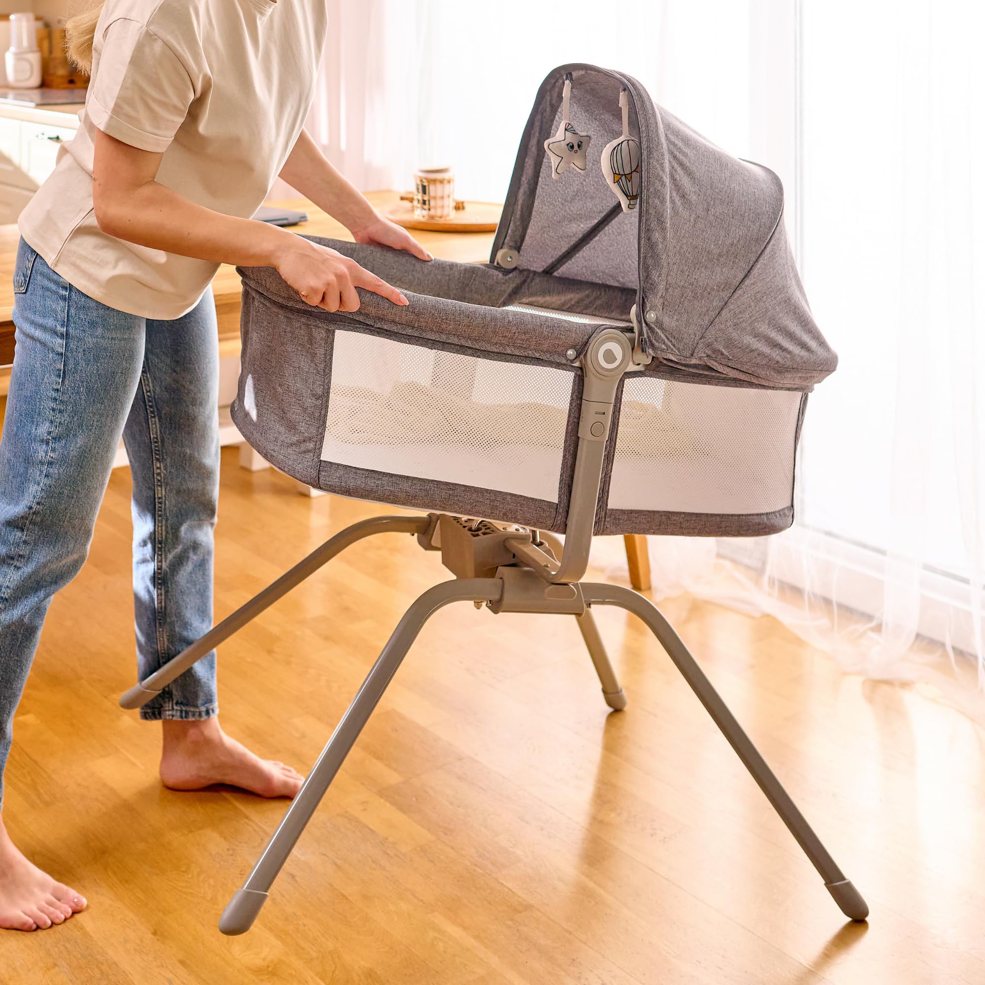 lionelo Malin EVO 3in1 Culla neonato e Lettino da viaggio con materasso per bambini da 0 a 9 kg Leggera e pieghevole Sistema a dondolo Regolazione, Montaggio veloce Lati in rete Cappottina Zanzariera