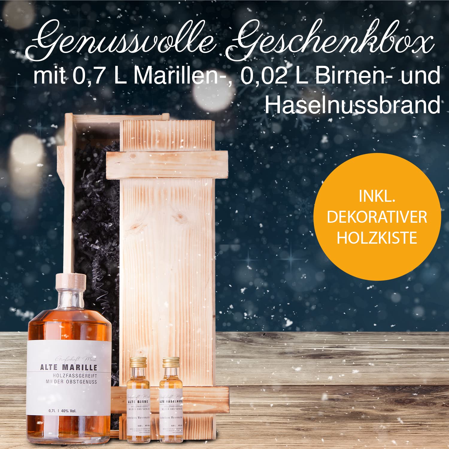 Grafschaft Mark Alte Marille Schnaps Geschenkset | 1x 0,7 L & 2x 0,02 L | 40% Alkohol | edle Holzbox mit Marillenbrand, Birnenbrand, Haselnussbrand | Obstler im Holzfass gelagert | Schnaps Geschenk