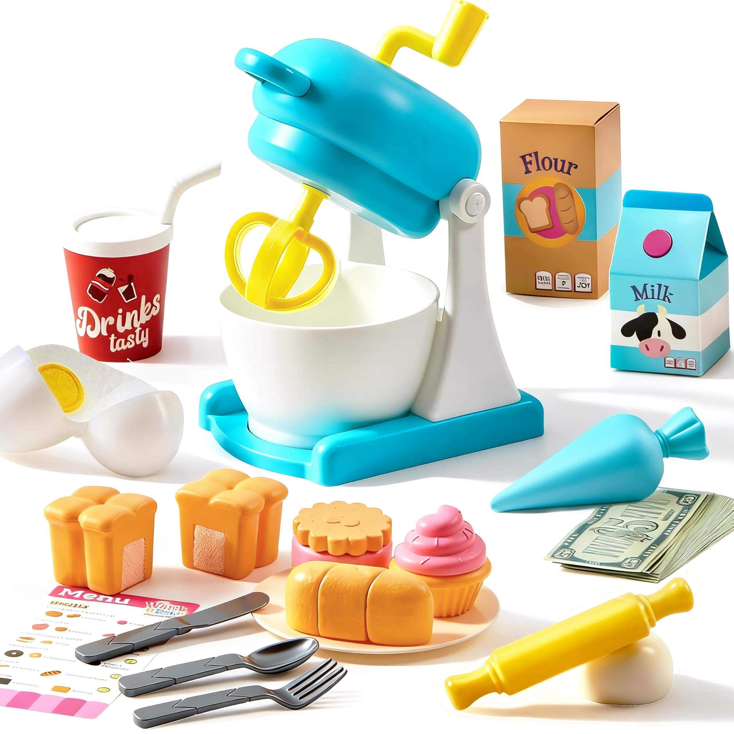 Whisk n' Bake Bakery Mixer Playset, 16 Pieces Toy Kitchen and Food Accessories with Play Money and Menu, Role Play Toys for Girls Boys, Birthday Gift for Kids