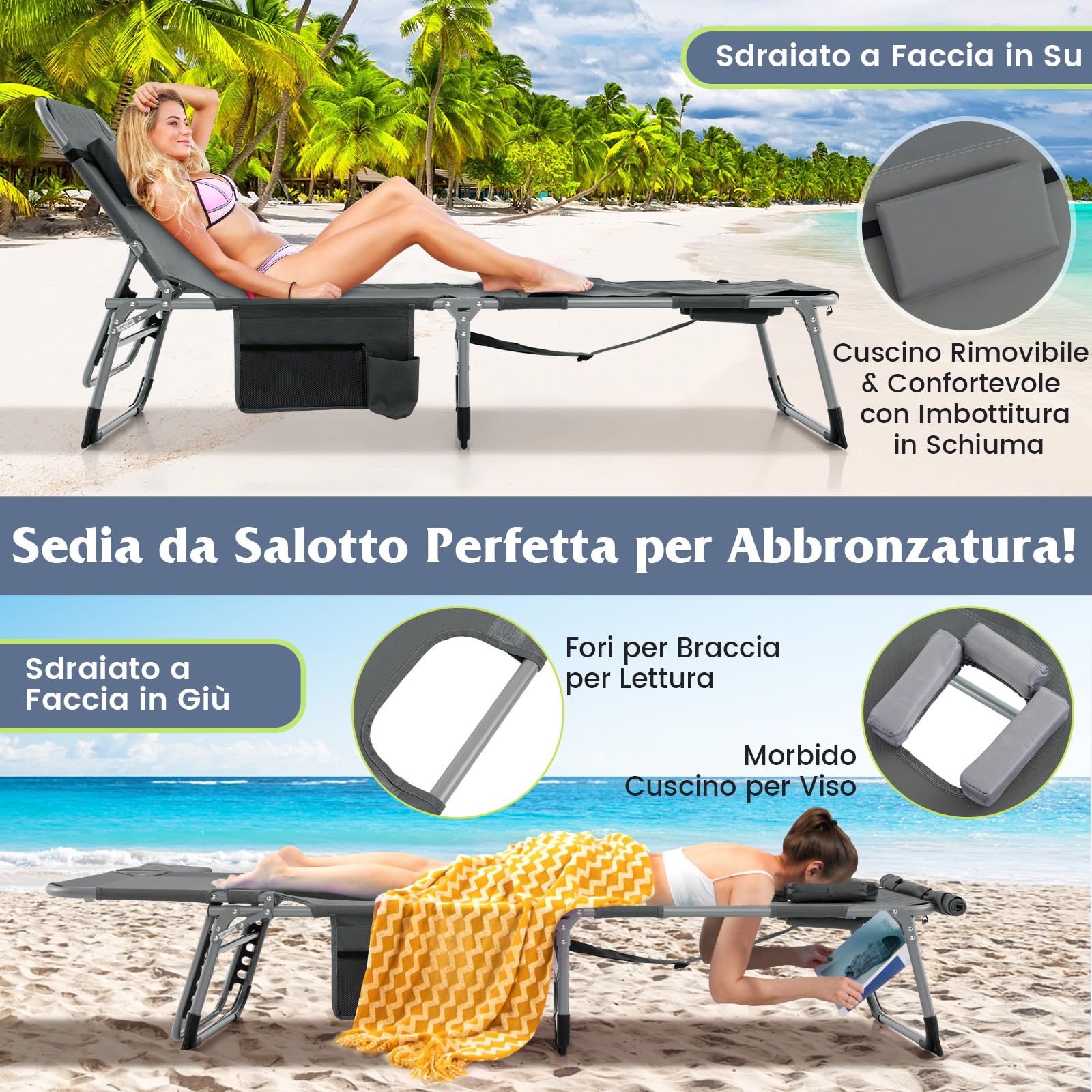 COSTWAY Lettino Prendisole Pieghevole Portatile, Lettino da Spiaggia con Fori per Viso e Braccia, Cuscino Poggiatesta e Tasca, Schienale Regolabile, per Mare e Piscina, Portata 180 kg (Grigio Scuro)