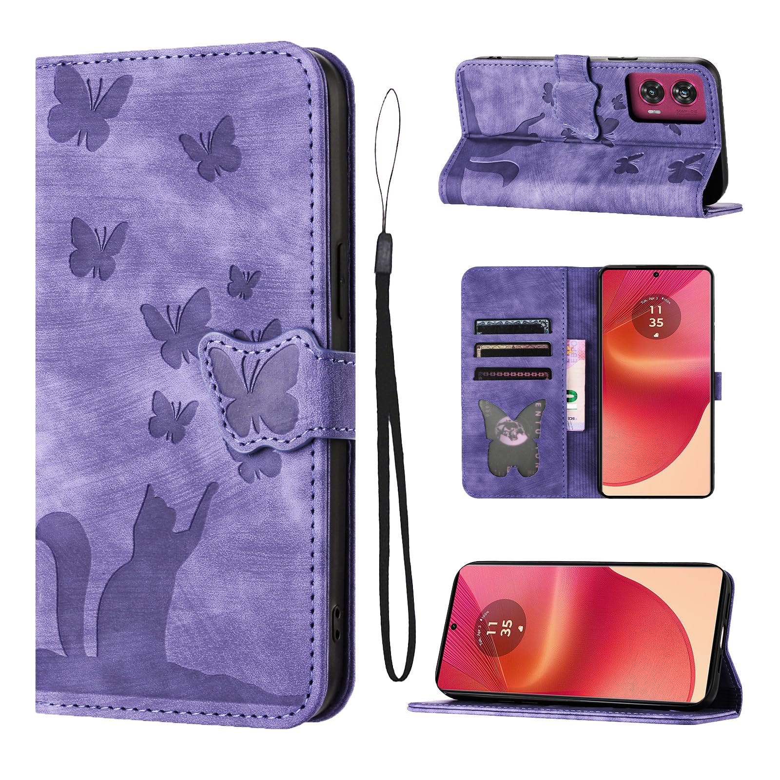 LSPCASA Phone Case For Motorola Edge 50 Fusion 5G 6.7 inch Premium PU Leather Material Edge 50 Fusion Case With Card Slots Cat Butterfly Pattern Edge 50 Fusion Phone Case