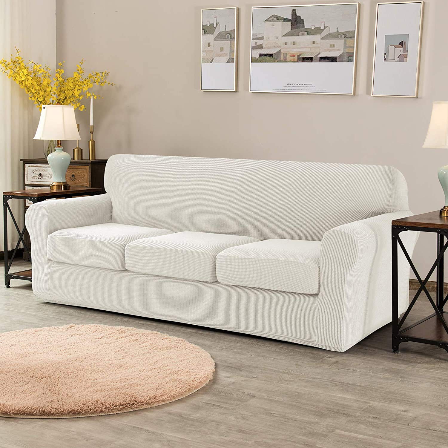 EBETA Copridivano elastico, Copripoltrona Jacquard 3 Posti con 3 Fodera per cuscino, Copridivano Un Posto AntiGraffio per Gatto Cani (Bianco crema, 3 Posti)