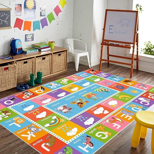 Miniatura 8 de ABC - Alfombra educativa del alfabeto, alfombra de juego de 4 x 6 pies para niños, sala de juegos, tapete antideslizante para niños y niñas