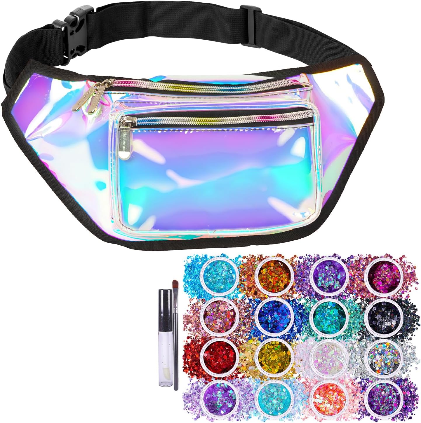 Iridescent Blue fanny pack bundle with 16 Pack Chunky Glitters