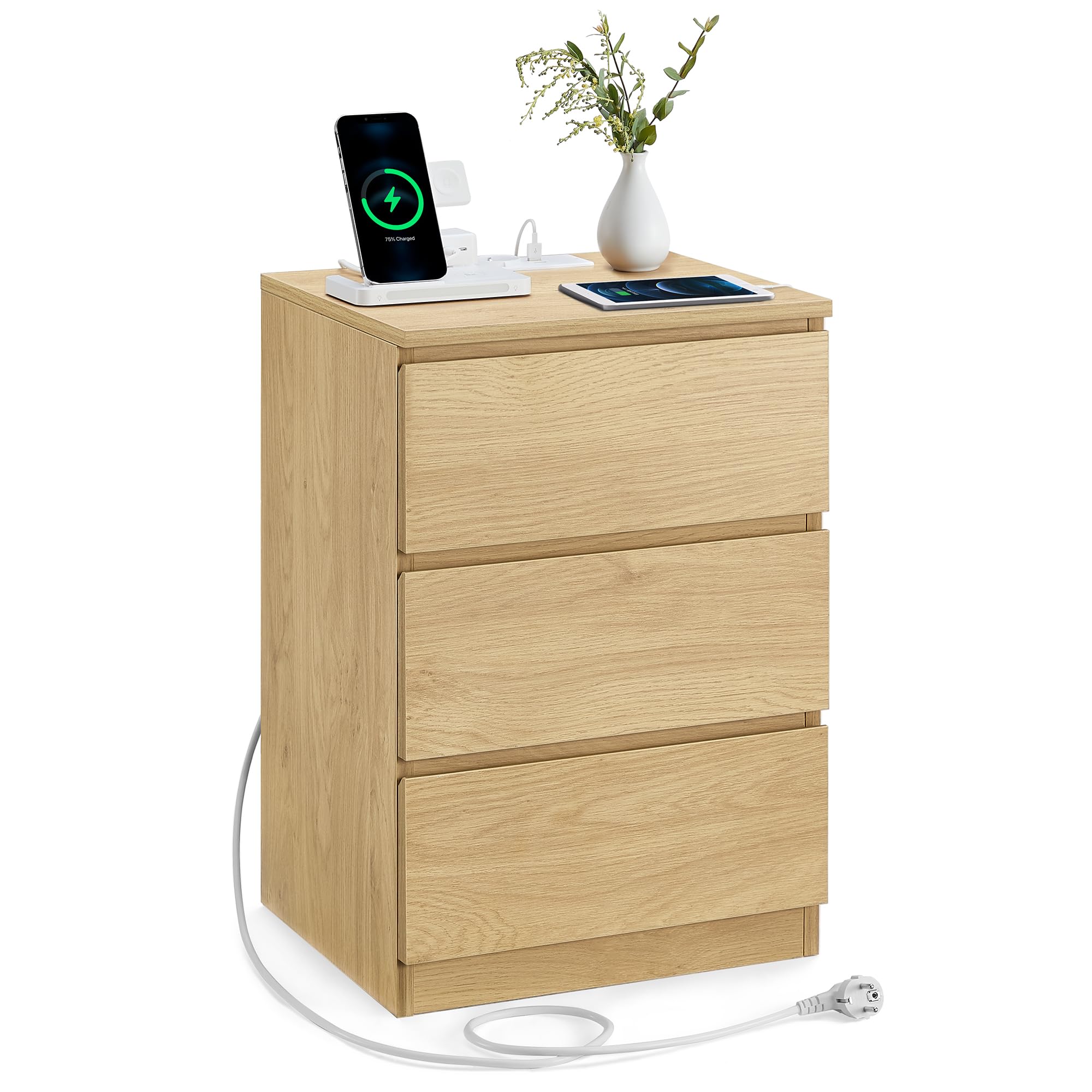 VASAGLE KAILYN Collezione - Comodino con Stazione di Ricarica, con 3 Cassetti, 2 Prese AC 2 Porte USB, per Soggiorno, Camera da Letto, Studio, Giallo Paglierino LET631Y70