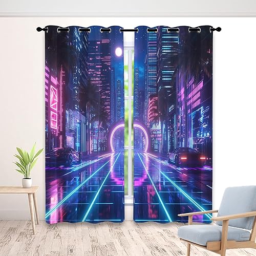 Miniatura 11 de Cortinas de neón Synthwave para dormitorio, cortinas de atardecer urbano de 63 pulgadas de largo para sala de estar, cortinas opacas retro de los
