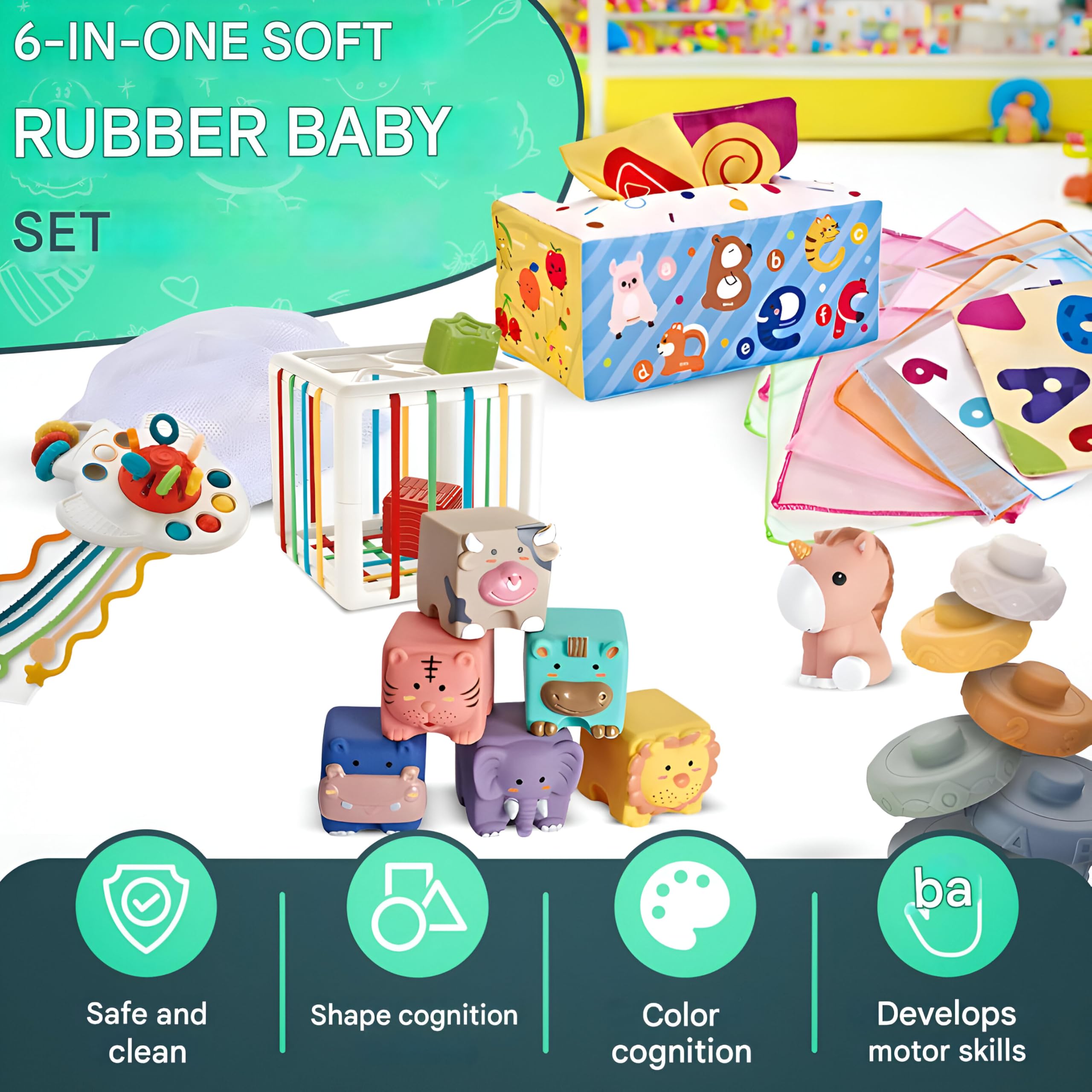 Set Montessori Bebé 6 en 1 – Juguetes Sensoriales y Educativos: Bloques Suaves, Apilables, Caja de Pañuelos y Formas | 34 Piezas | Regalo 6-36 Meses Niño-Niña