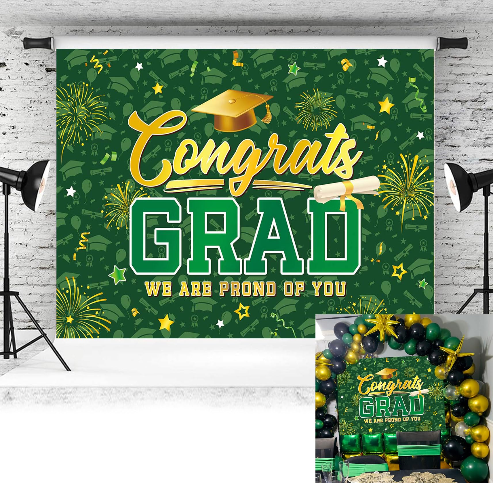Photo 1 of ***PACK OF 2***Green Gold Congrats Grad Backdrop Class of 2026 Graduation Photography Background 2026 Graduation Party Decoration Banner Photo Supplies (Green, 82x59inch(7x5FT))