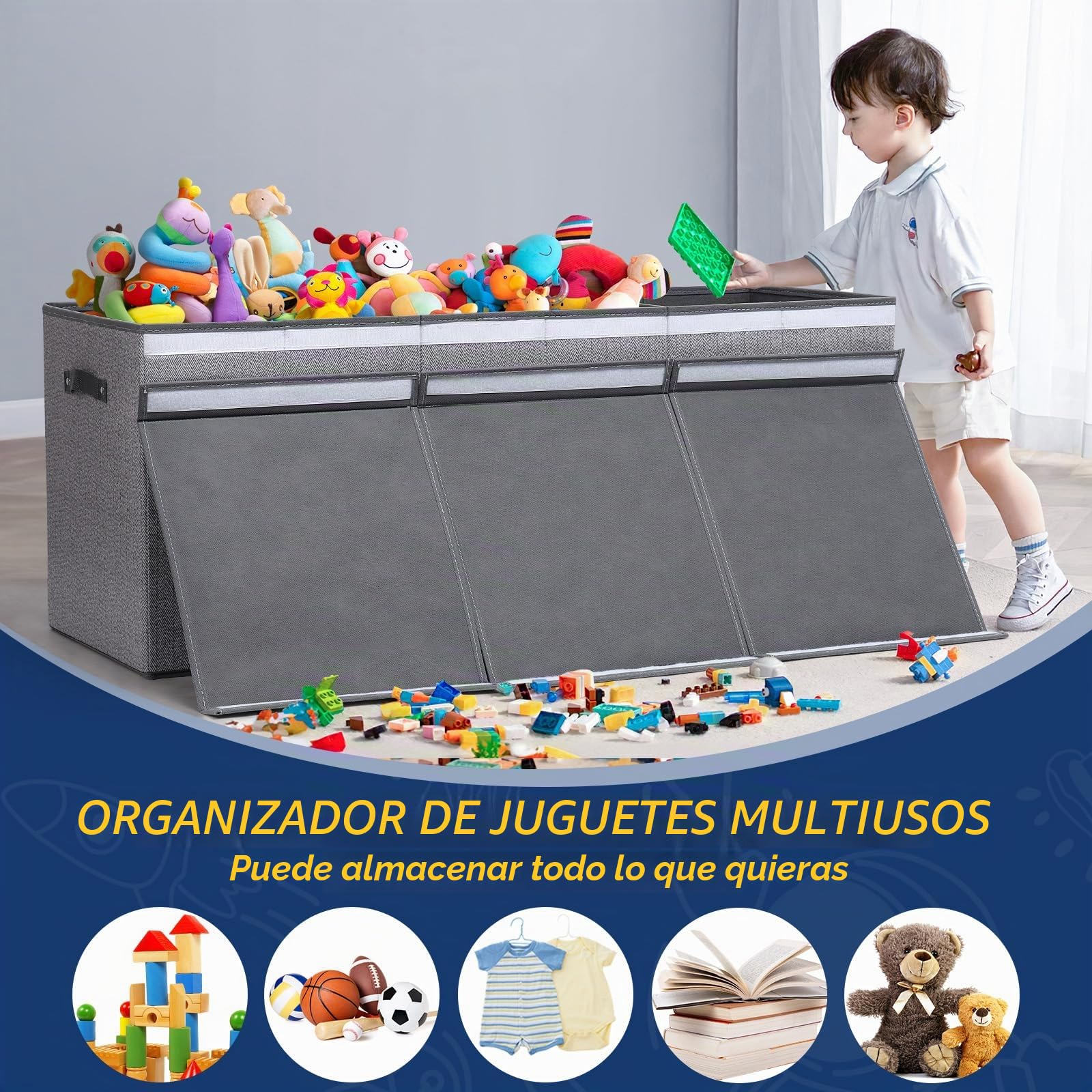 ELUCHANG Caja de Almacenamiento para Juguetes, 147L - Baúl Grande Plegable para Juguetes de Niños y Niñas, Organizador con Tapa Abatible para Ropa, Habitación, Guardería, Gris
