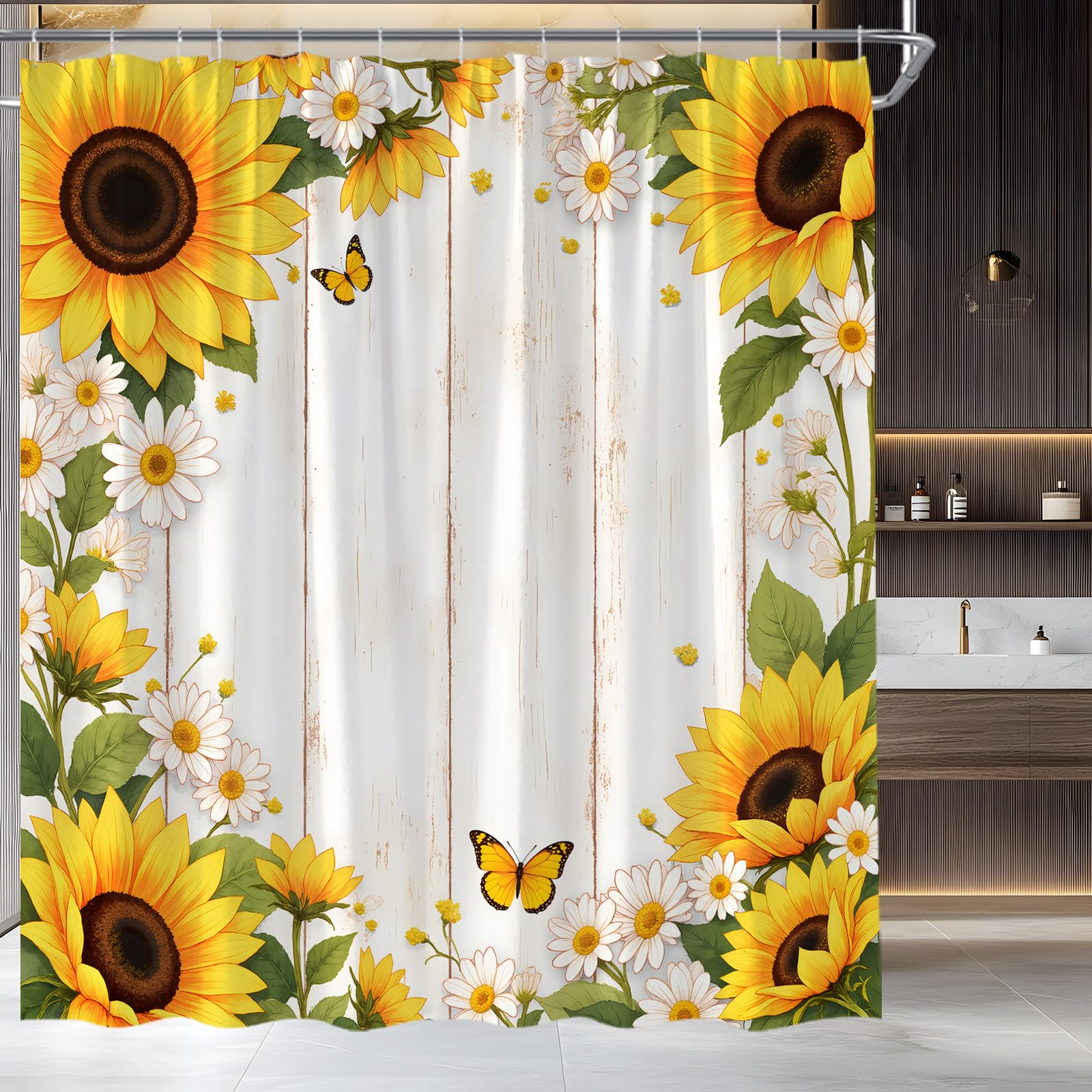 YSATNSFT Rustic Sunflower Shower Curtain Yellow Flower Butterfly on Wooden Board Farmhouse Floral Country Fabric Bathroom Decor Set with Hooks,(70"