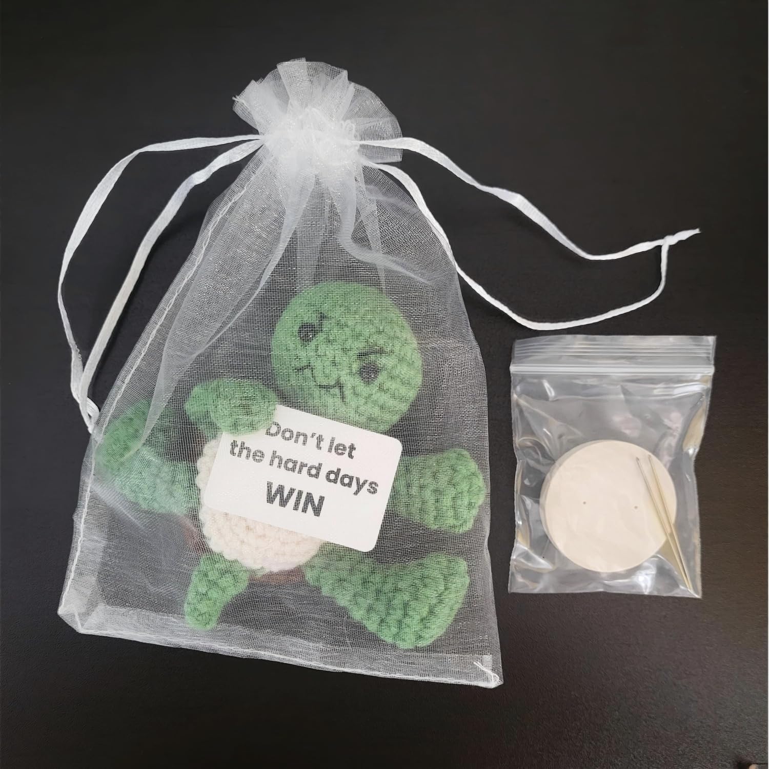 Don’t Let The Hard Days Win Crochet Turtle with Removable Quote Card, Magnetic Hands & Wooden Stand, Handmade Mini Desk Decor, Encouragement Gift for Sobriety Recovery Tough Times
