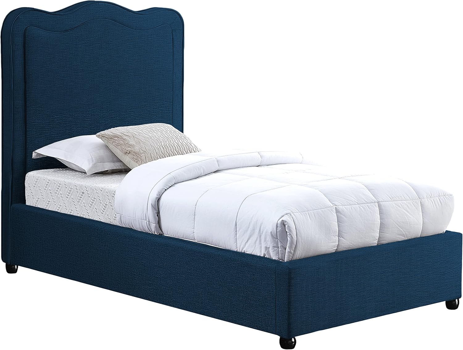 Meridian Furniture FelixNavy-T Felix Collection Modern | Contemporary Linen Textured Fabric Upholstered Bed with Curved Headboard and Espresso Wood Legs, 43.5" W x 81" D x 52.5" H, Navy, Twin