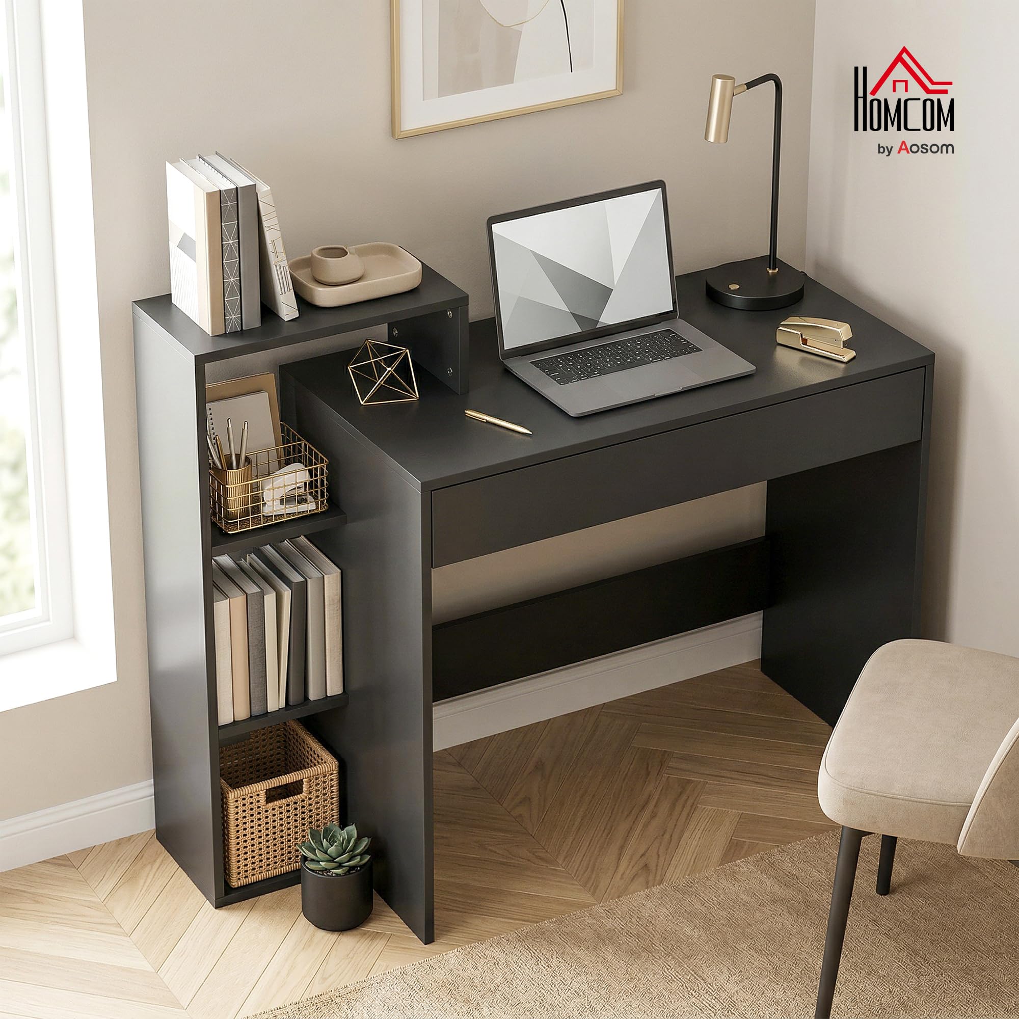 HOMCOM Escritorio con Almacenamiento, Escritorio PC, 100x40x90 cm, Negro | con 3 estantes, cajón, estación de trabajo, Escritorio de computadora para teletrabajo, sala de estar