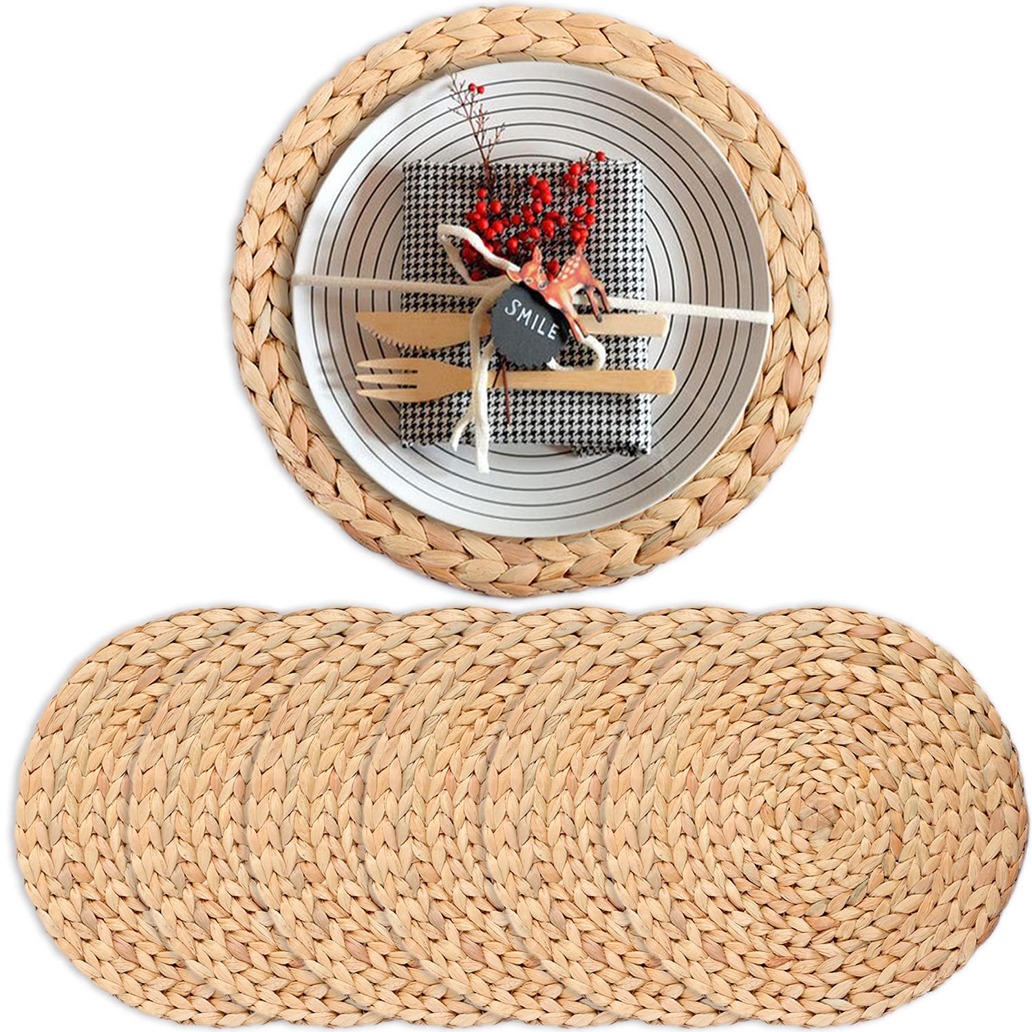 Round Placemats Set of 6, Boho Table Mats Set of 6, Woven Placemats for Round Table, Chargers for Dinner Plates, Wicker Place Mats, Water Hyacinth Plate Mat, Individuales para Mesa De Comedor, 13.4in