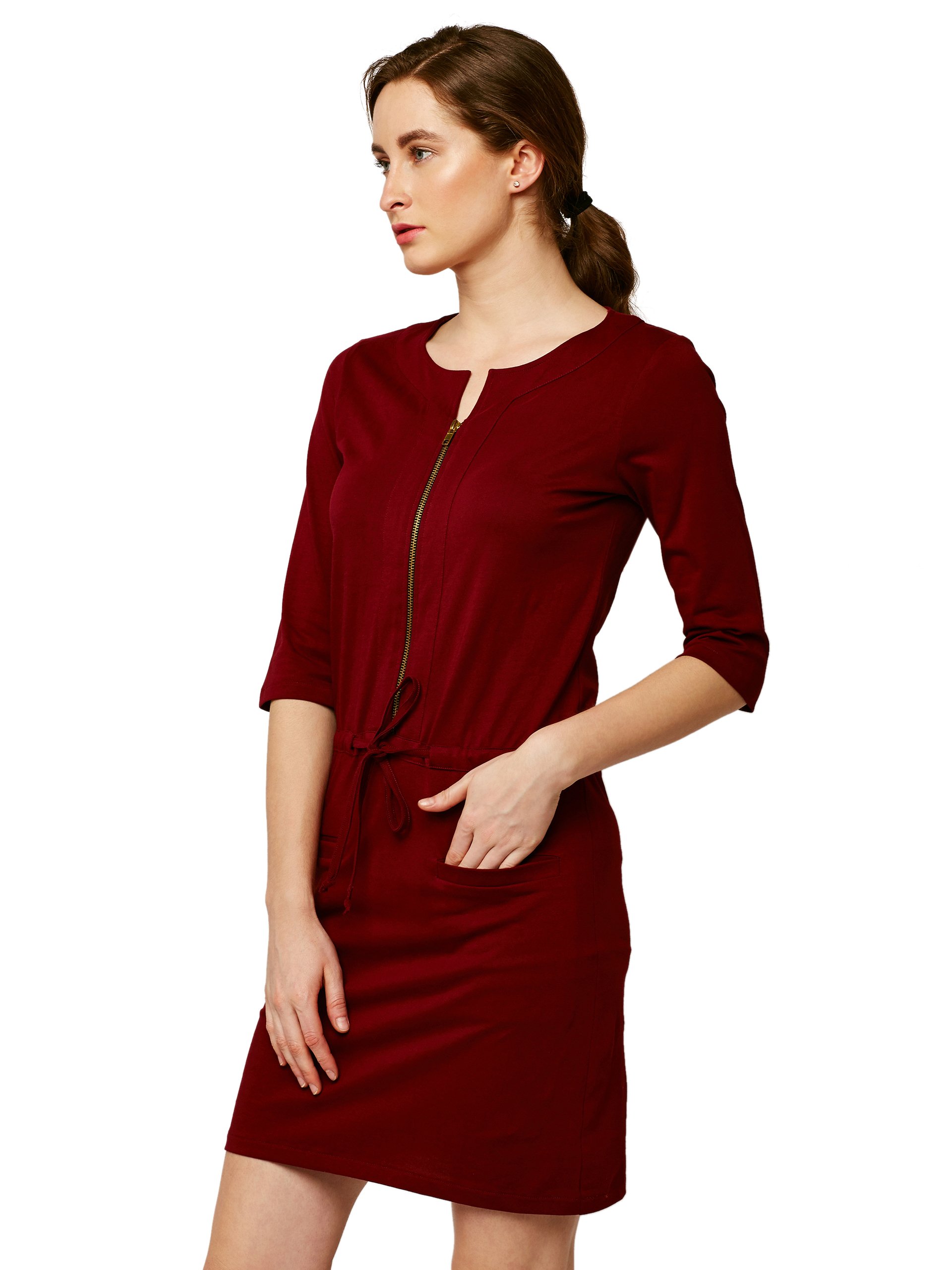 Miss Chase Women's Super Soft Round Neck 3/4 Sleeves Solid Mini Shift Dress With Zip Closure | 2 Colors(Mcss18D11-25-143-02, Maroon, X-Small)